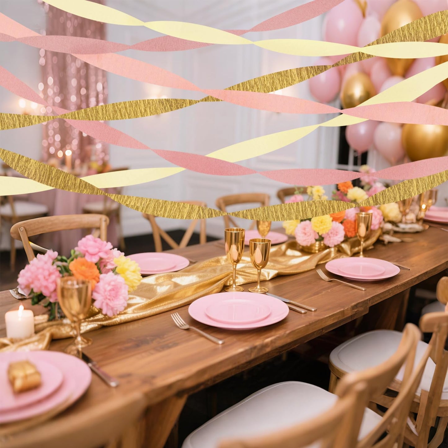 Riqiaqia Streamers Party Decorations,8 Rolls Pink Gold Crepe Paper Streamers for Wedding, Birthday
