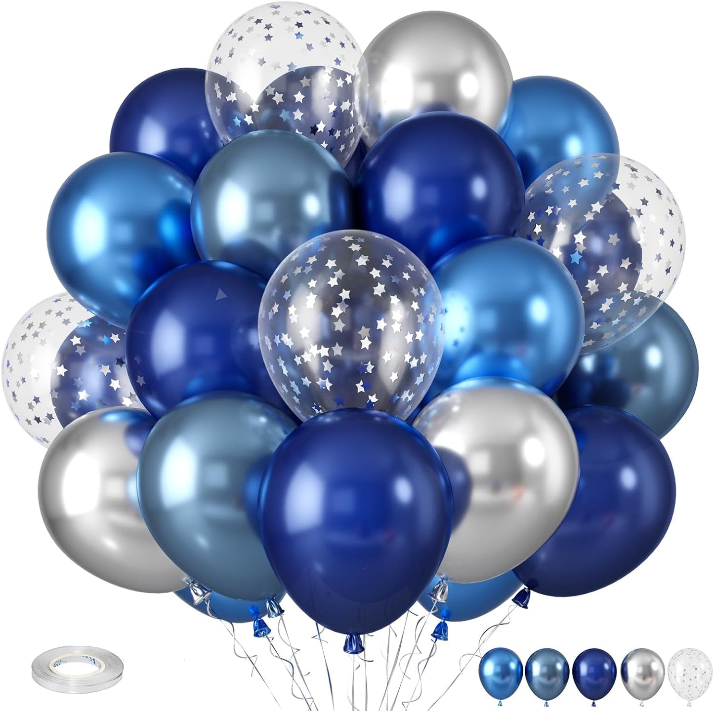 Blue Silver Balloons, Pearl Navy Blue Balloons Metallic light Blue and Silver Balloon Silver Star Confetti Balloon for Boys Girls Birthday Graduations Baby Shower Wedding Engagement Decorations