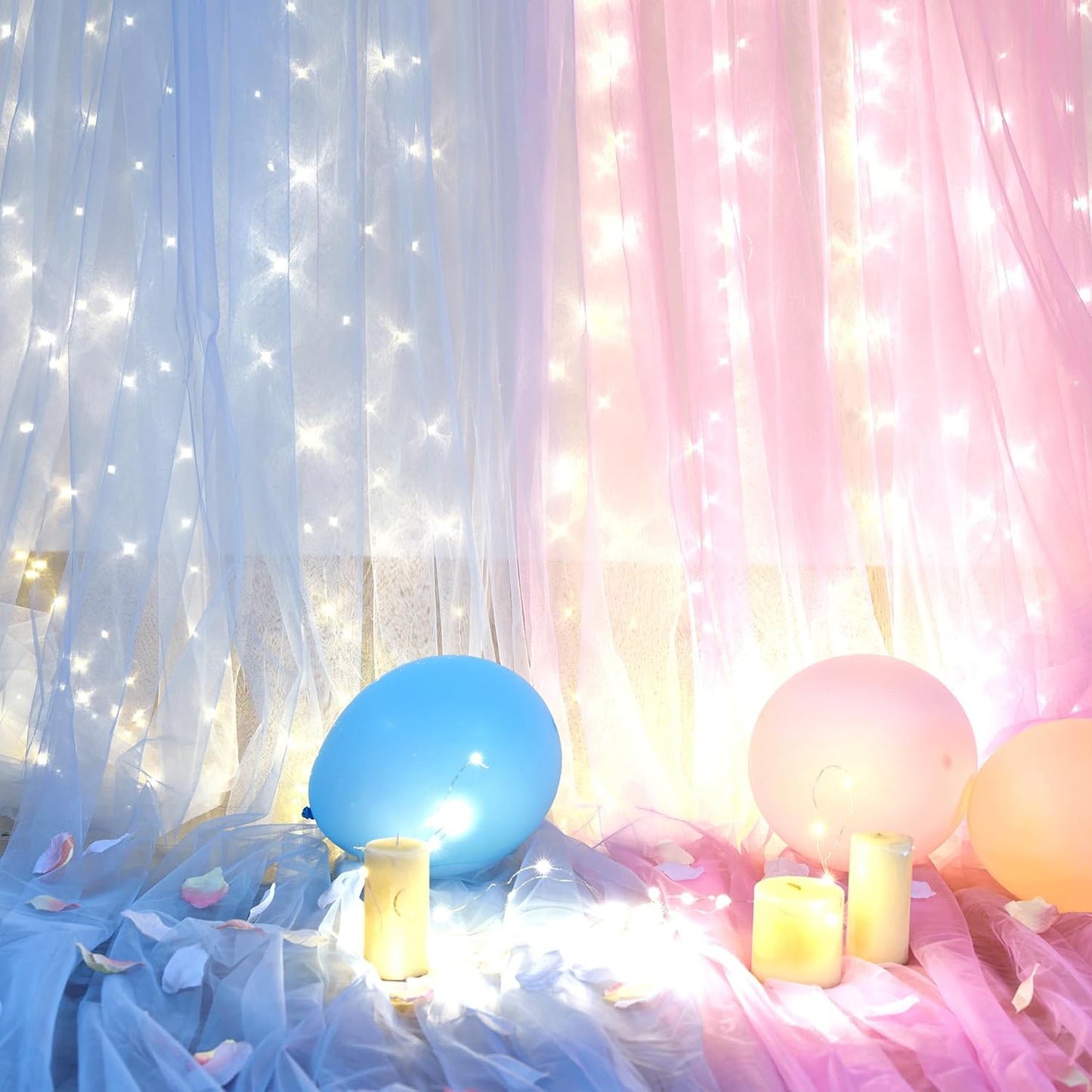 Pink Blue Sheer Tulle Backdrop Curtains with Lights String for Gender Reveal Baby Shower Decorations for Boy or Girl Birthday Party Photo Shoot Backdrop Background Decorations 2 Panels 5×8ft