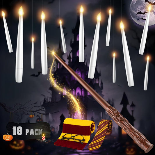 Floating Candles with Wand - 18 Pack Halloween Decorations Magic Flameless Candles Flickering Light Hanging Candle Remote with Glasses, Tie, Scarf, Battery Operated Candles for Christmas Party Decor