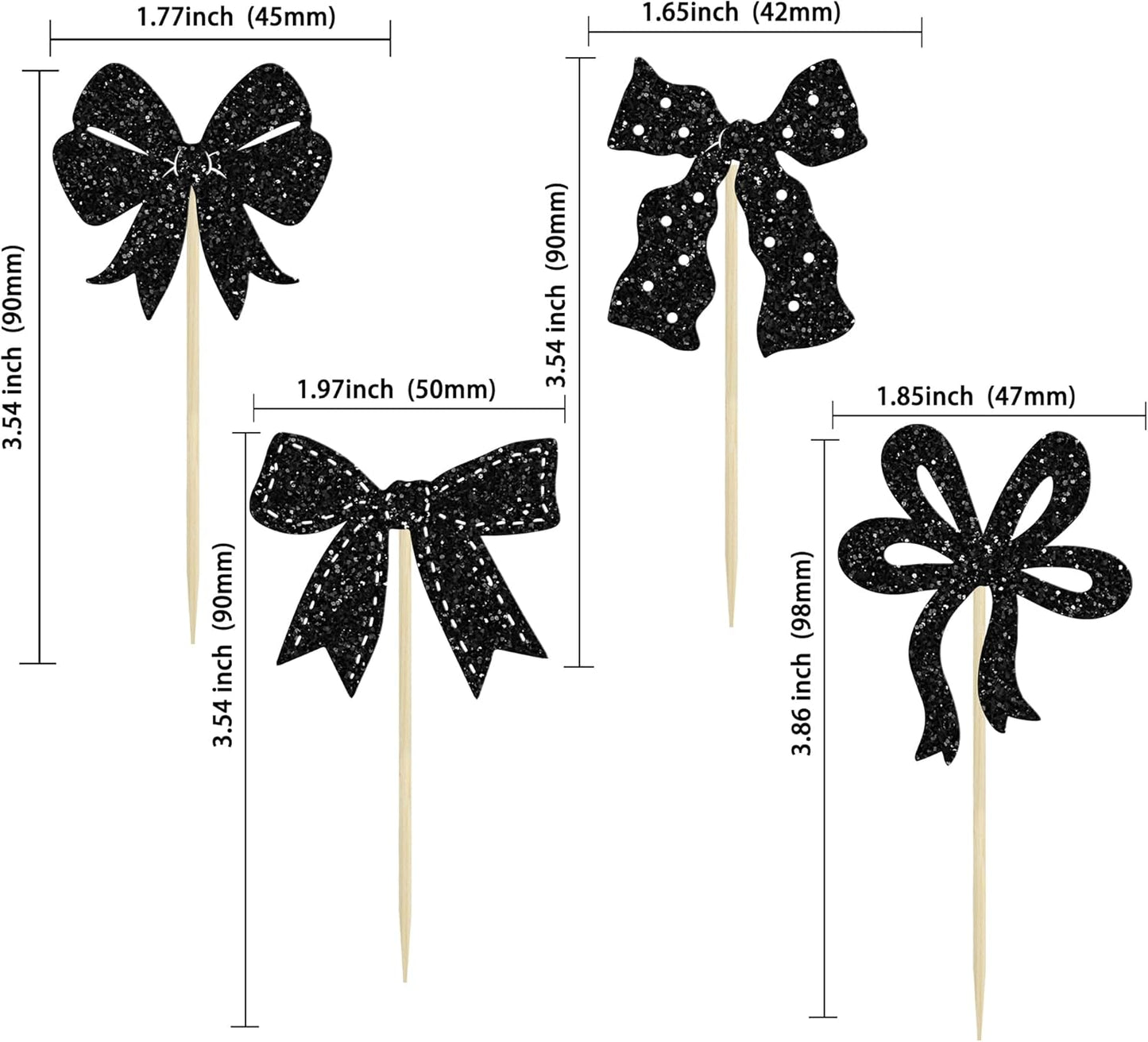 Ephlyn 24Pcs Bow Cupcake Toppers Bow Birthday Cake Topper Girls Birthday Party Decorations Bowknot Cupcake Decorations for Bridal Baby Shower Birthday Wedding Themed Party Black