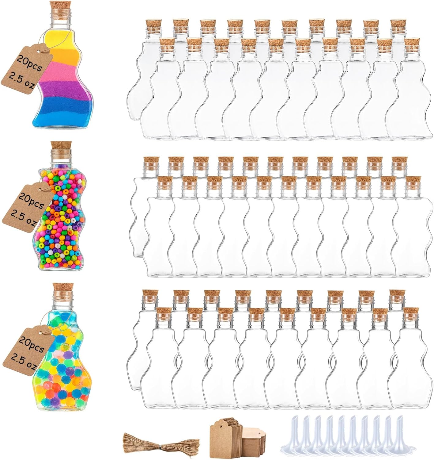 60 Pcs Plastic Sand Art Bottles with Corks and Funnels, 2.5 oz Clear Containers in 3 Styles for Wedding Invitations, Fun Crafts, DIY Projects, Party Decorations