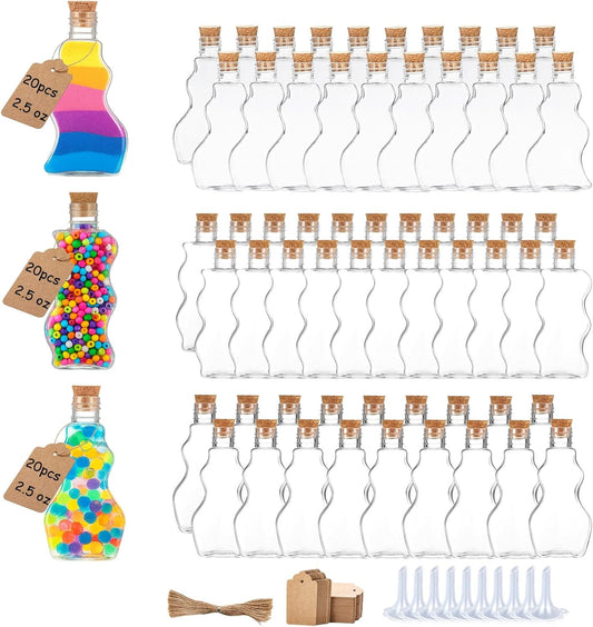 60 Pcs Plastic Sand Art Bottles with Corks and Funnels, 2.5 oz Clear Containers in 3 Styles for Wedding Invitations, Fun Crafts, DIY Projects, Party Decorations