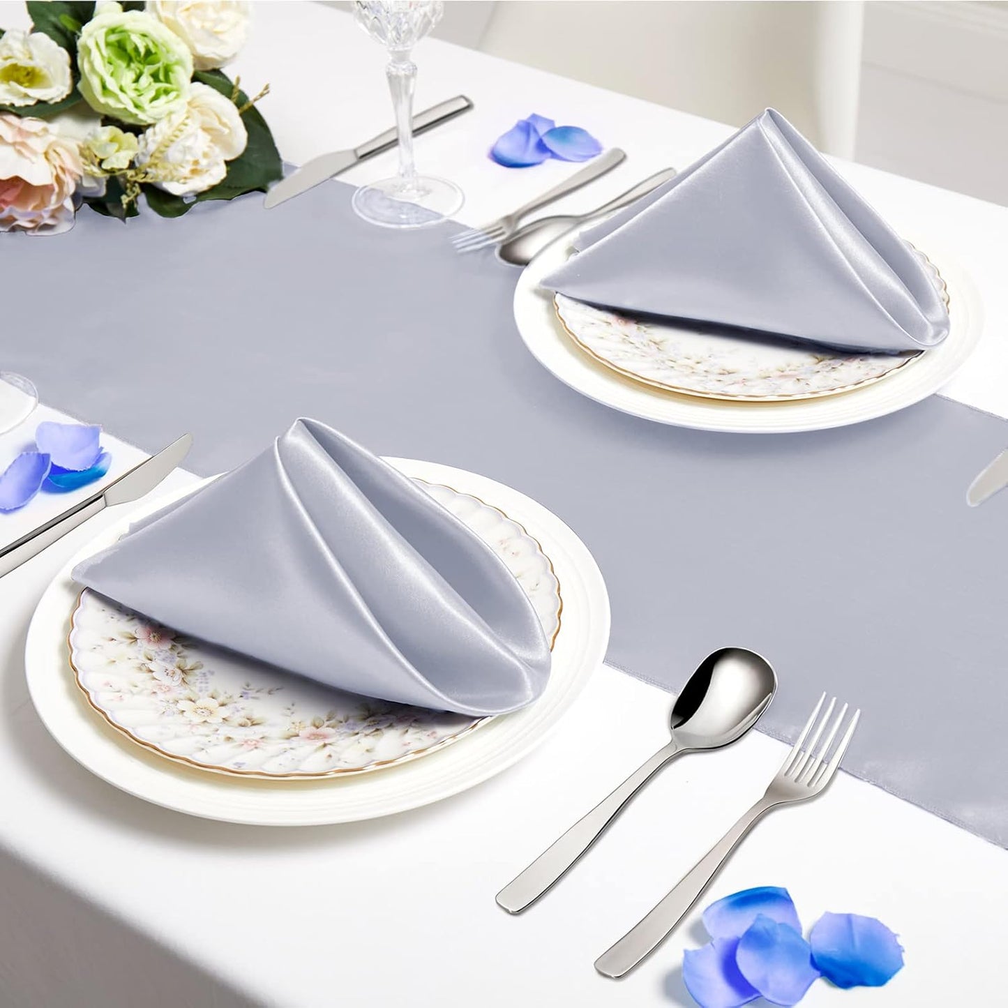 Horbaunal 30 Pack Silver Satin Napkins 17 x 17 Inch, Square Soft Table Dinner Napkins, Silky Cloth Napkins Table Decoration for Weddings Banquets Parties