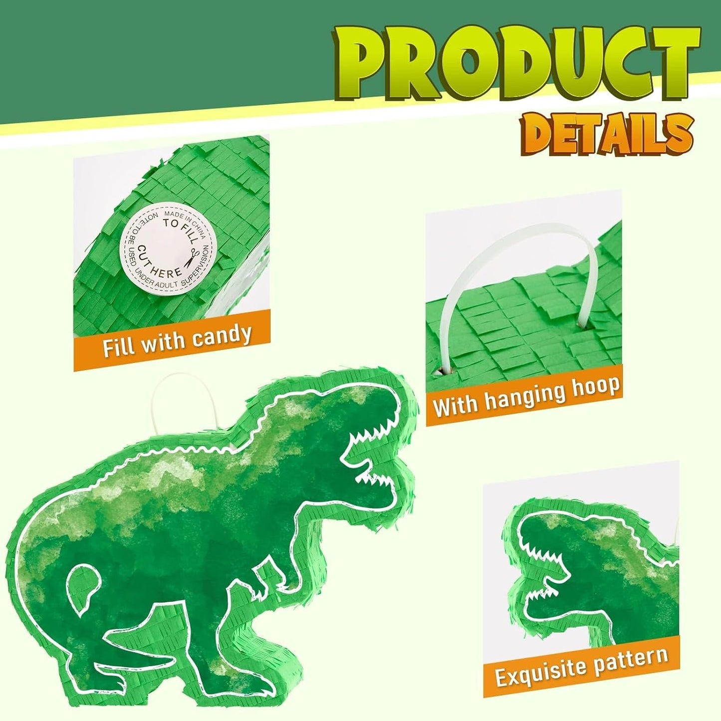 WERNNSAI Dinosaur Piñata - Watercolor Green Dinosaur Piñata Birthday Piñata with Stick and Blindfold for Kids Birthday Party Game Classroom Activity Dinosaur Themed Party Decor 16.9’’ x 12.9’’ x 3.1”