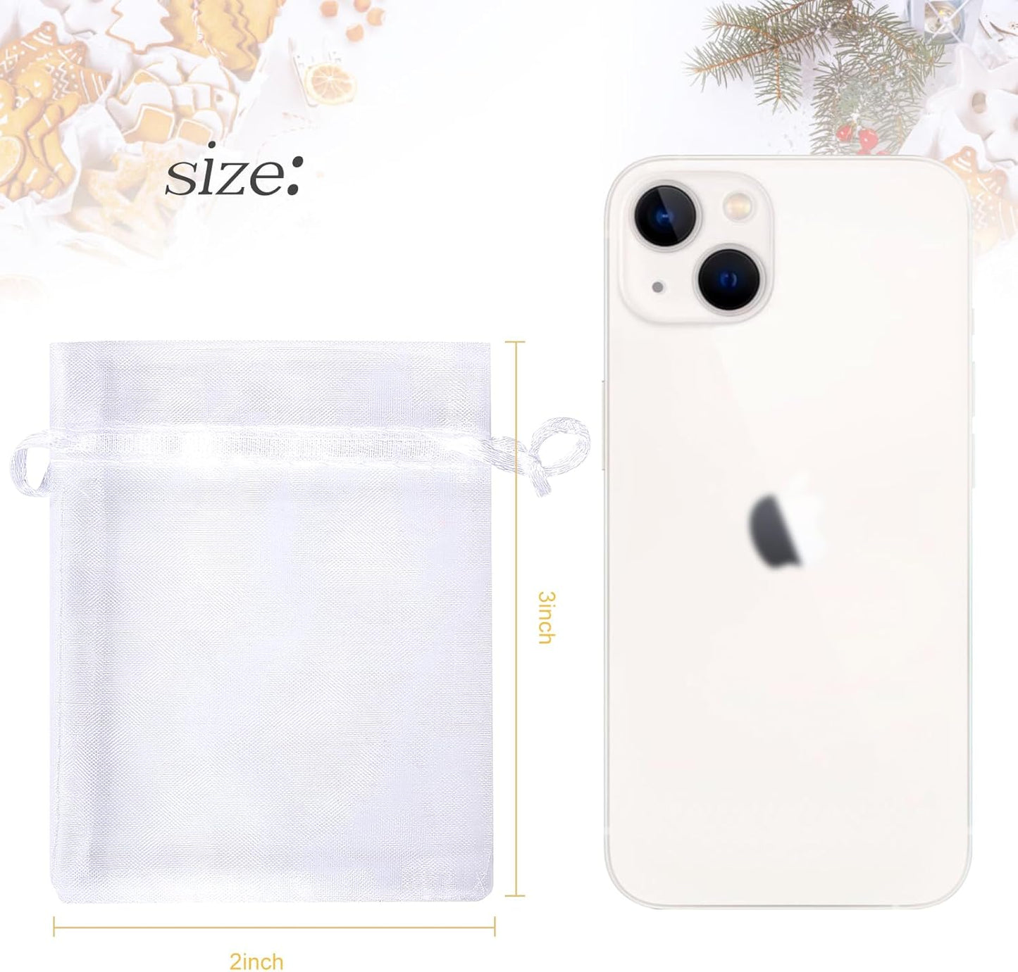 100Pcs White Organza Bags, 2x3Inch Sheer Wedding Party Favor Bags with Drawstring, Jewelry Gift Bags Christmas Candy Pouches