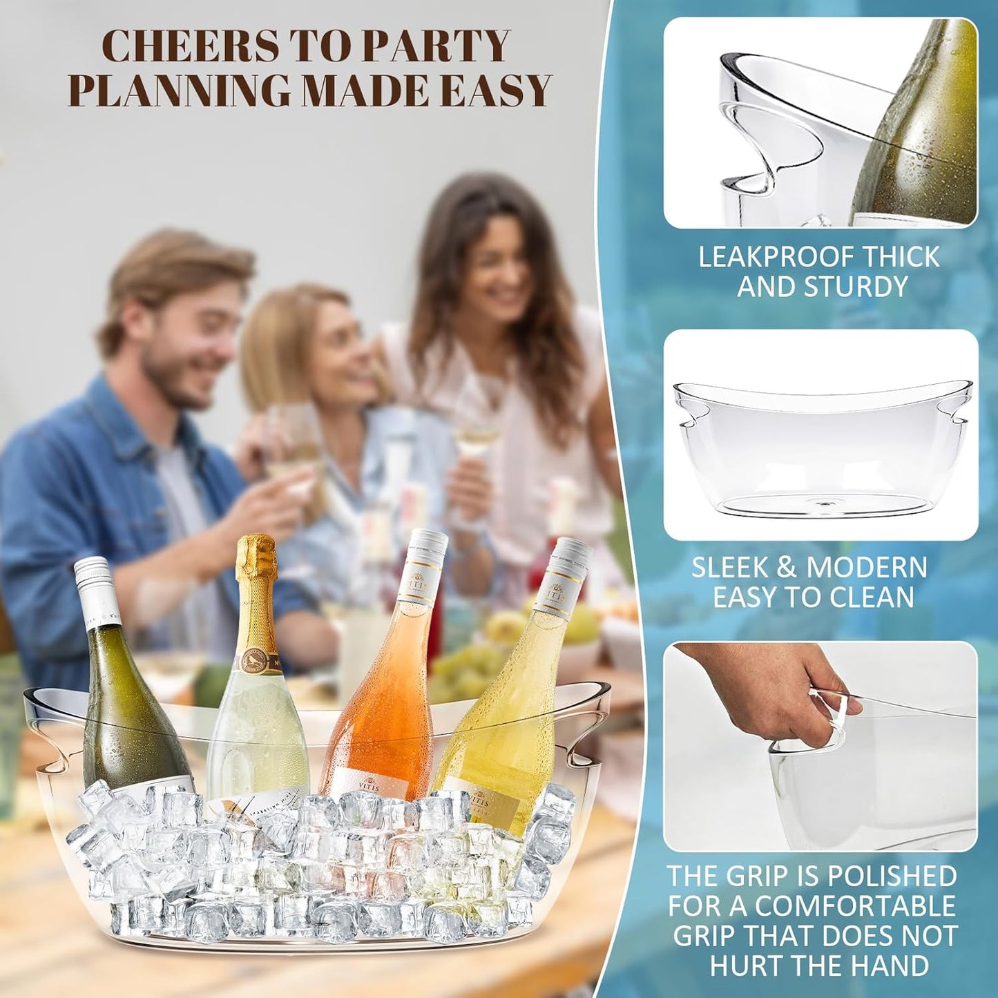 Ice Buckets for Parties, Ice Bucket 2 Pcs Acrylic Champagne Beverage with 2 Ice Bucket Scoop for Champagne Beer Sparkling Wine Cocktails 5L (Clear)