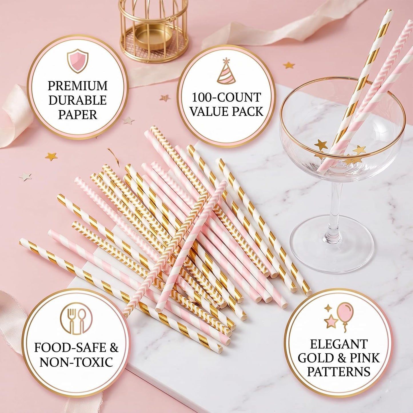 ALINK Gold Pink Paper Straws, 100 Pack Striped Party Straws