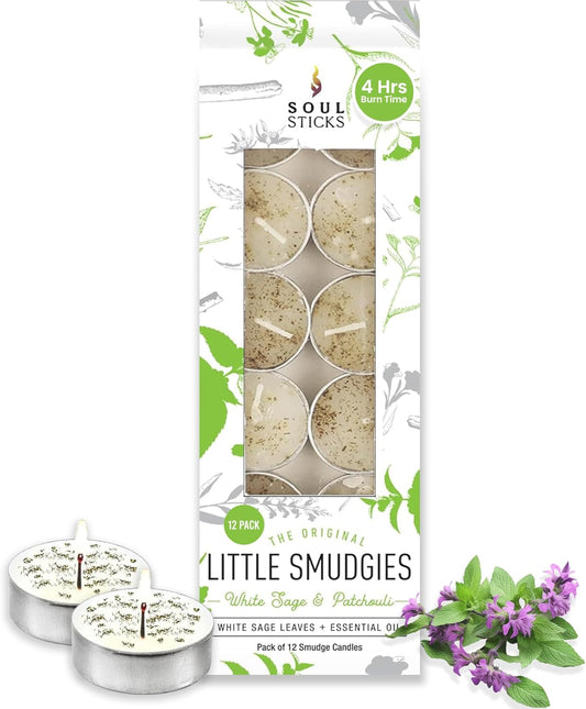 SOUL STICKS 12 Pack Little Smudgies Tealight Candles Smudge Candle for Cleansing House, Meditation, Chakra Healing | Made with Crystals and Herbs (White Sage & Patchouli)