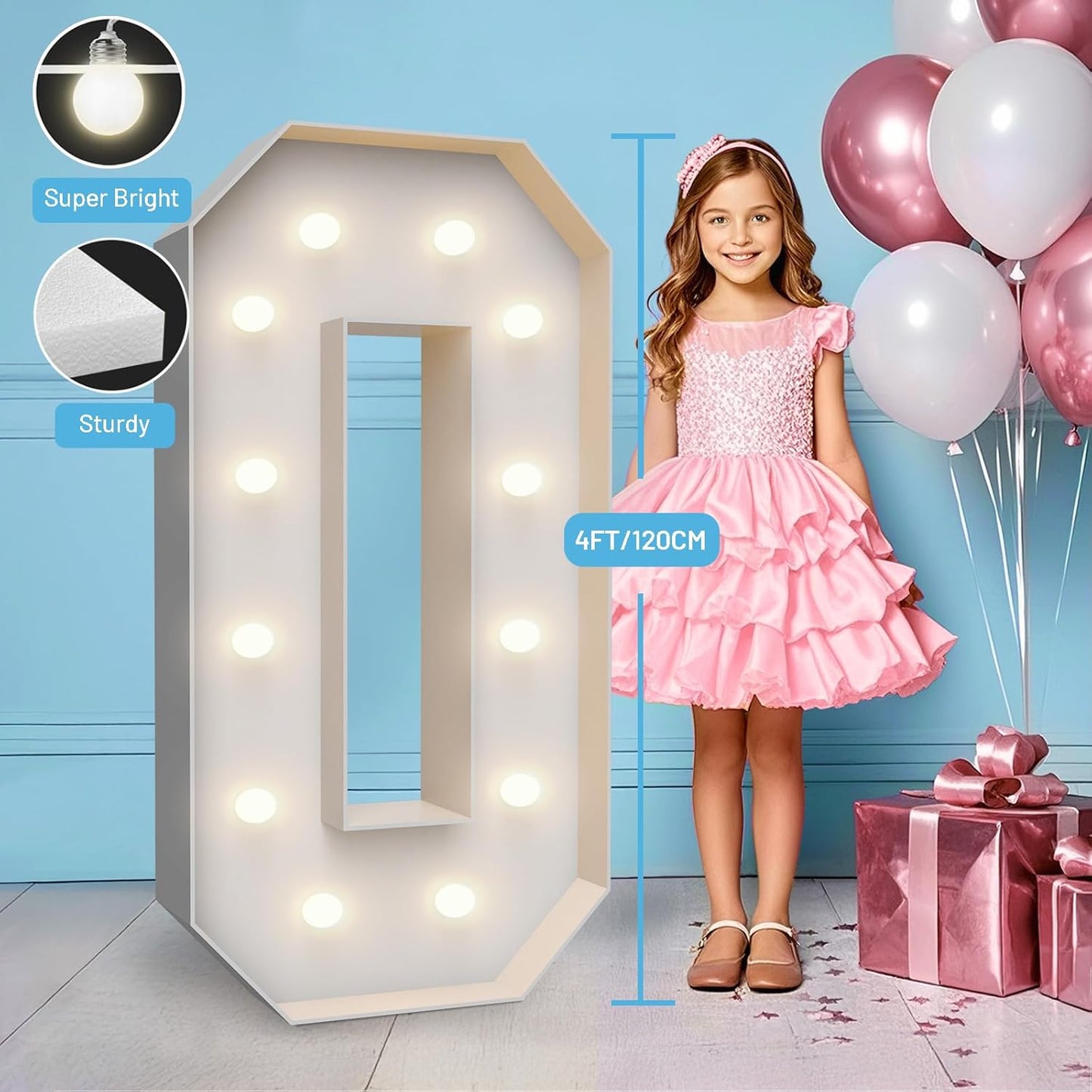 4FT Marquee Light Up Numbers 0,Party Decoration Large Marquee Light Up Letters with Weighted Water Bag,Pre-cut Foam Board Set Can Be Used for Birthdays,Weddings,Baby Anniversaries