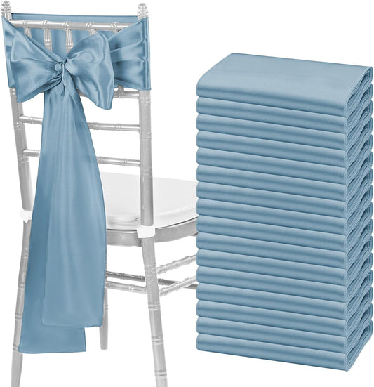 fani 60 PCS Dusty Blue Satin Chair Sashes Bows Universal Chair Cover for Wedding Reception Restaurant Event Decoration Banquet,Party,Hotel Event Decorations (7 x 108 inch)
