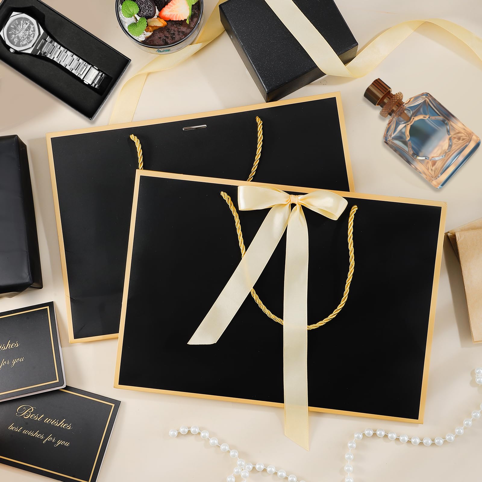 woric Black Gift Bags with Handles, 14" Medium Gift Bag with Tissue Paper