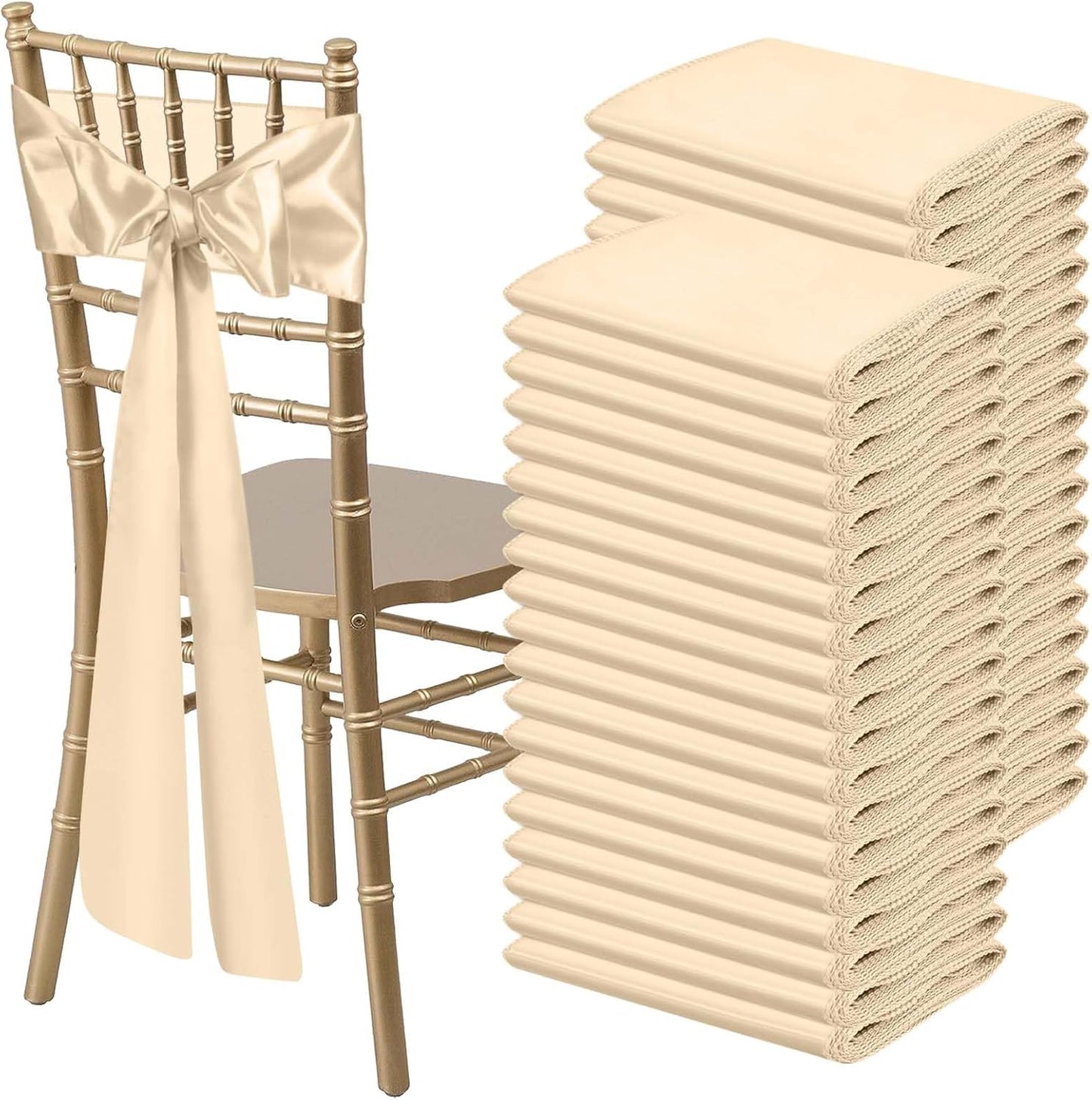 Satin Chair Sashes Bows Universal Chair Ribbon Ties Back Sash for Wedding Party Reception Events Banquets Hotel Event Chair Cover Decoration (7x108 inch) (100, Champagne)