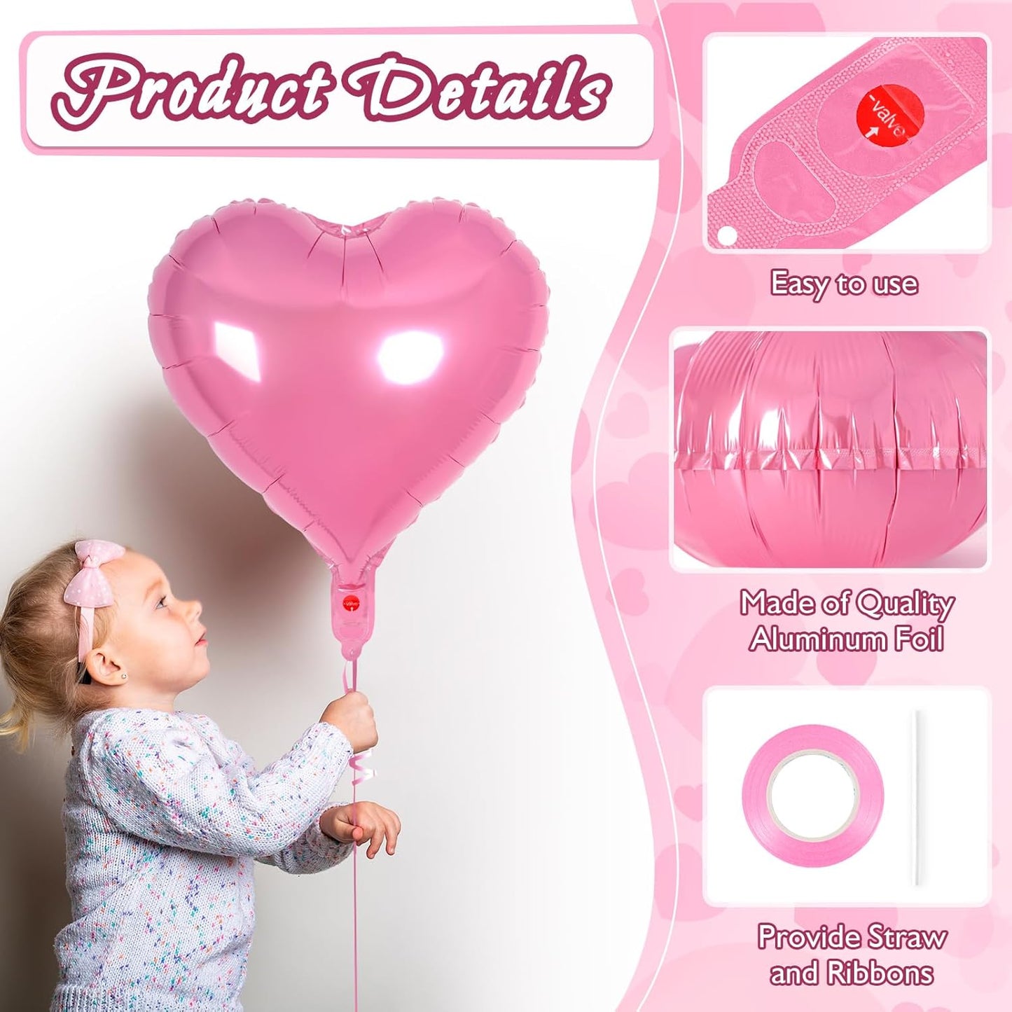 24 Pcs Pink Heart Balloons,18 inch Heart Shape Foil Balloons Love Balloons Valentine Balloons for Birthday Party Wedding Engagement Party Baby Shower Valentine Day Decorations (Pink)