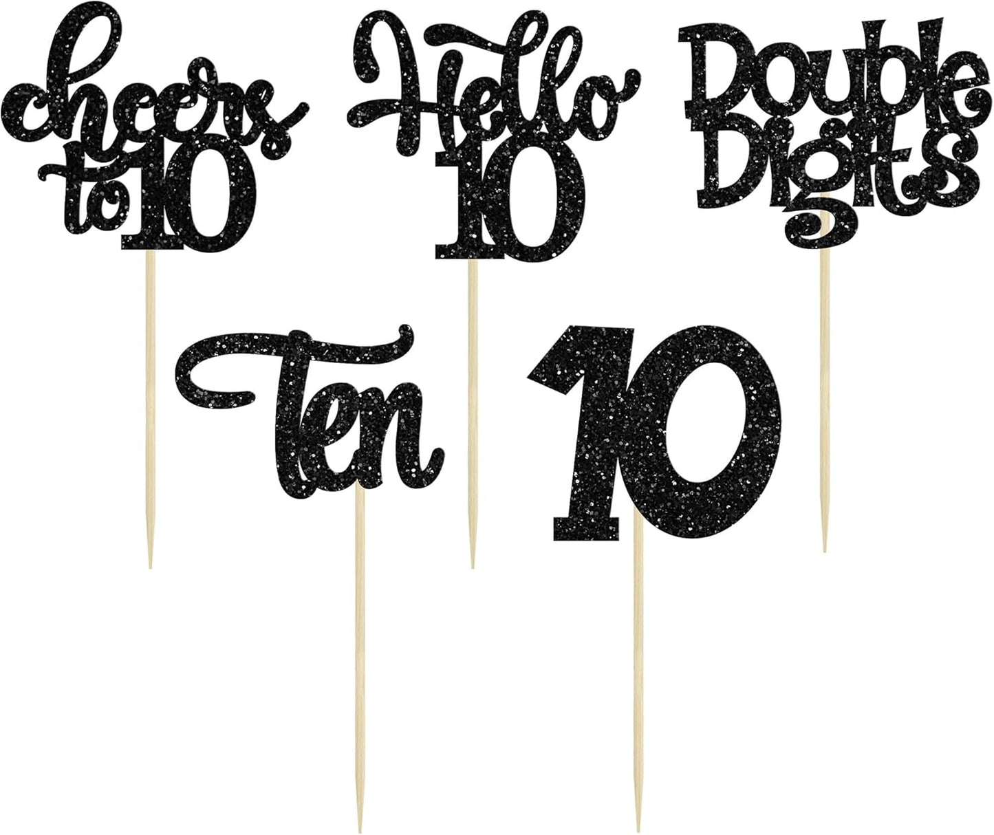 30Pcs 10th Birthday Cupcake Toppers Ten Double Hello 10 Cupcake Picks Cheers to 10 Years Old Cake Decorations for 10th Birthday Party Supplies Black Glitter