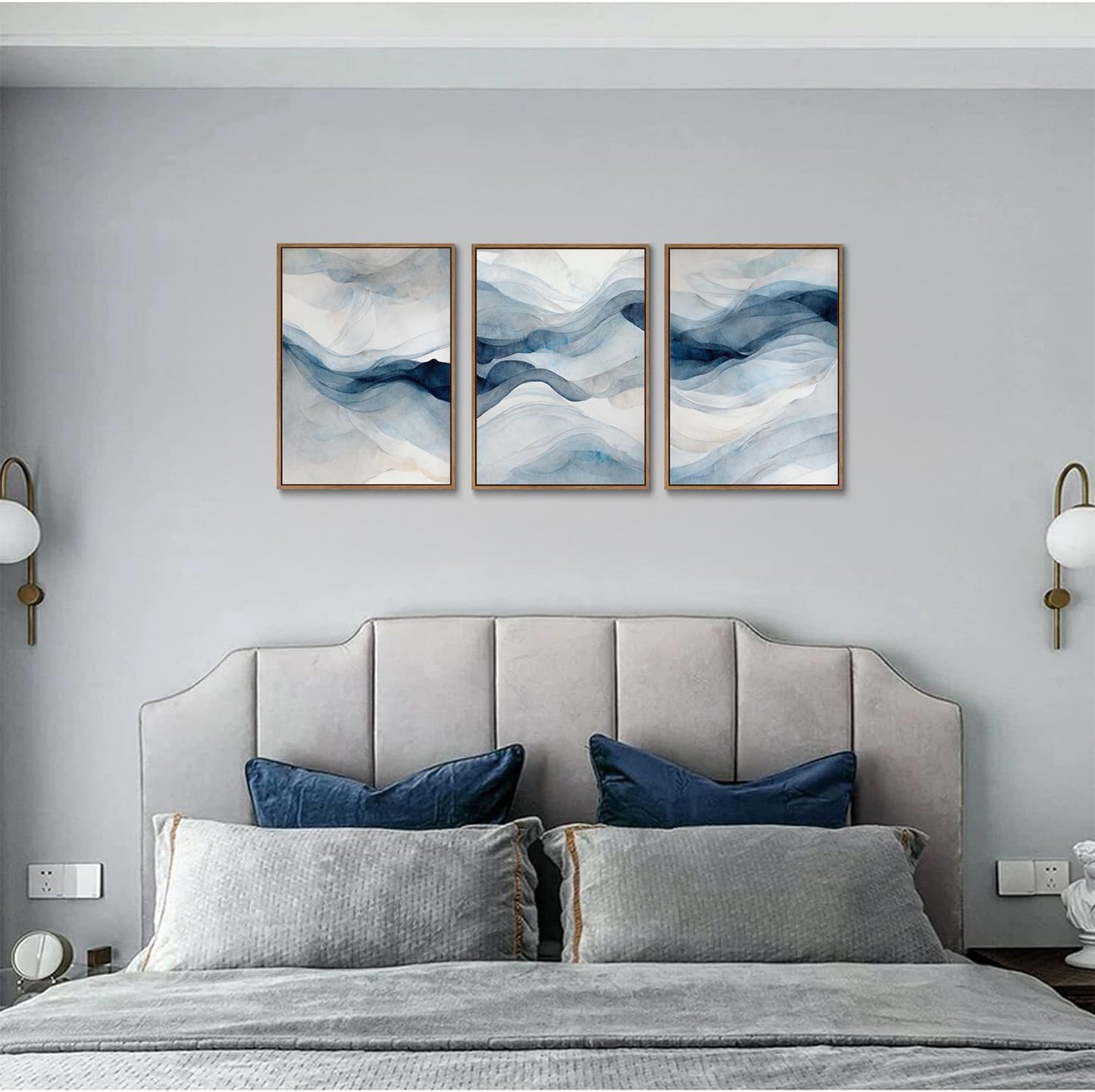 myusuar 3 Piece Large Abstract Framed Wall Art For Living Room, Smoke Texture Ink Navy Blue Canvas Wall Art Modern Minimalist Art Prints Wall Décor For Bedroom Office 24x36in