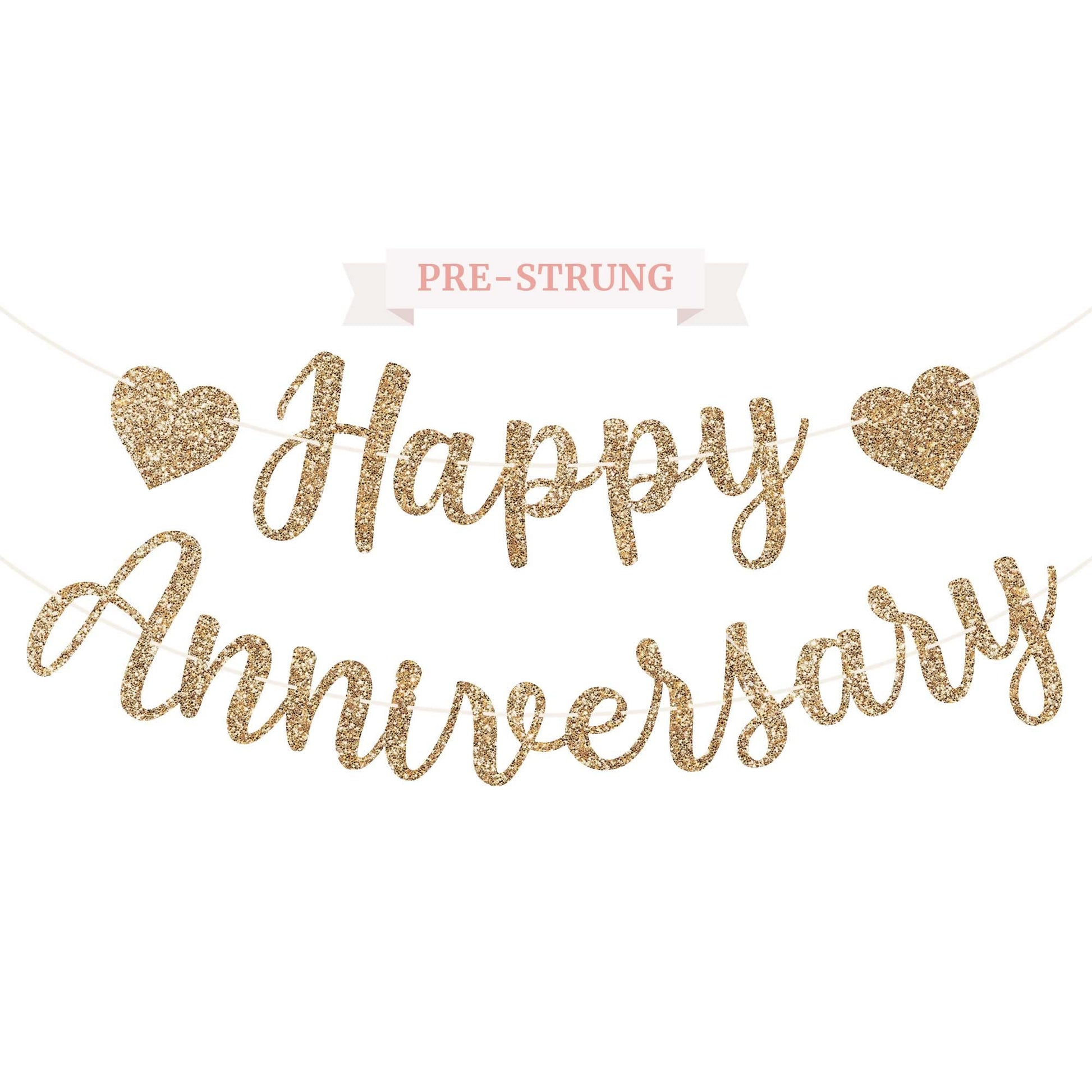 Pre-Strung Happy Anniversary Banner - Gold Glitter Anniversary Banner