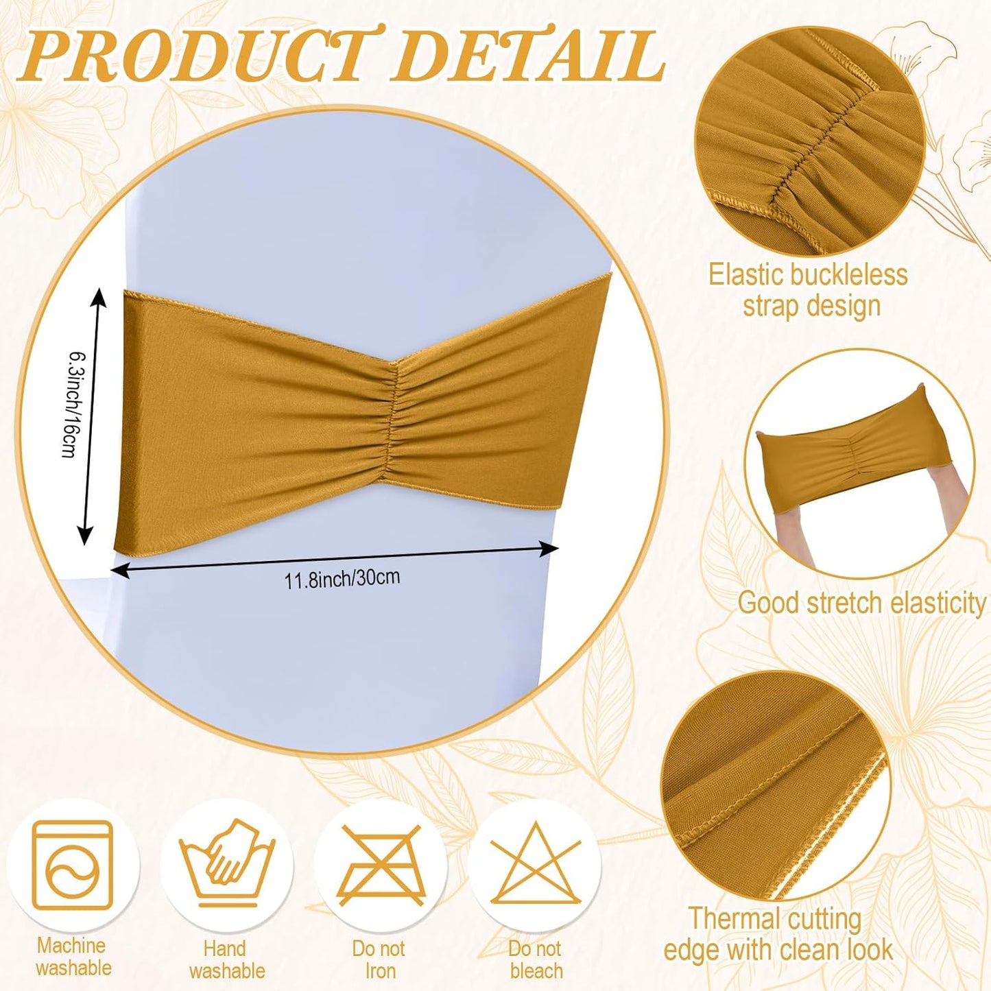 Moukeren 100 Pcs Spandex Chair Sashes Bows Bands Slider Sashes for Chair Covers Elastic Bands Ties Ribbon Decorations for Wedding Party Events Ceremony Birthday Banquet(Gold)