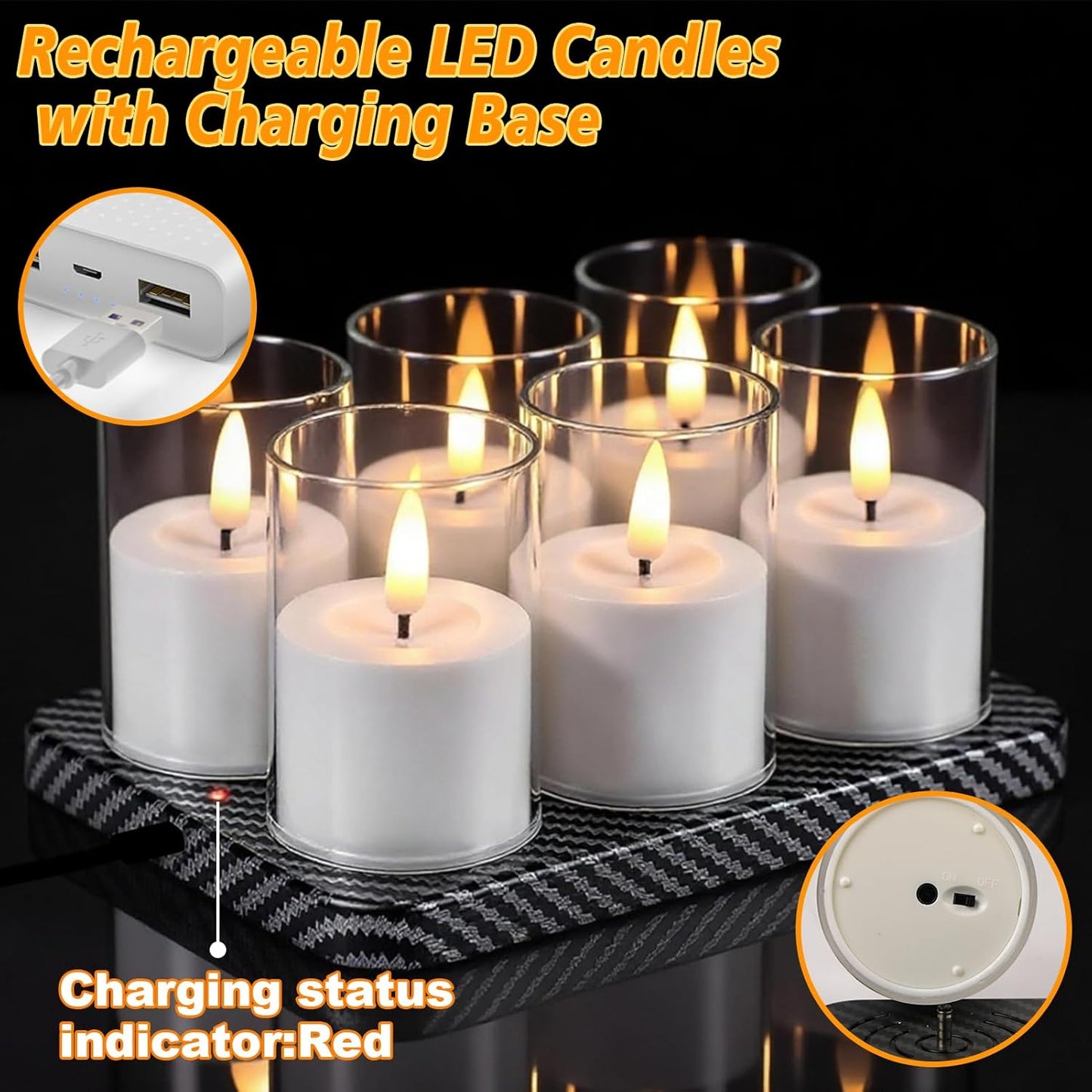 Rechargeable Votive Candle Battery Operated, 6 Pcs Rechargeable Tealights Candles with Charging Base, Acrylic Clear LED Flameless Votive Candle with 6H Timer for Halloween Christmas Decor