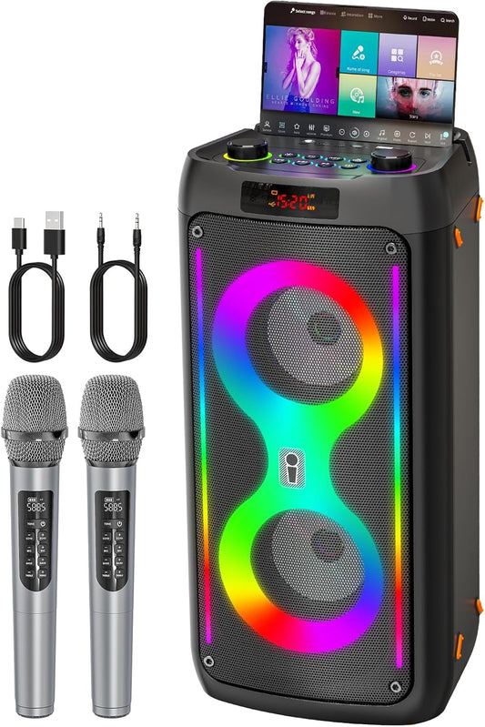 Karaoke Machine for Adults, Portable Bluetooth Speaker with 2 Wireless Microphones, PA System with Disco Lights for Big Party, Outdoor, Supports USB/TF/REC/AUX, Ideal Gifts for Family, Music Lover