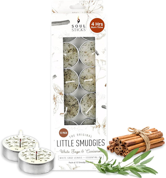 SOUL STICKS 12 Pack Little Smudgies Tealight Candles Smudge Candle for Cleansing House, Meditation, Chakra Healing | Made with Crystals and Herbs (White Sage & Cinnamon)
