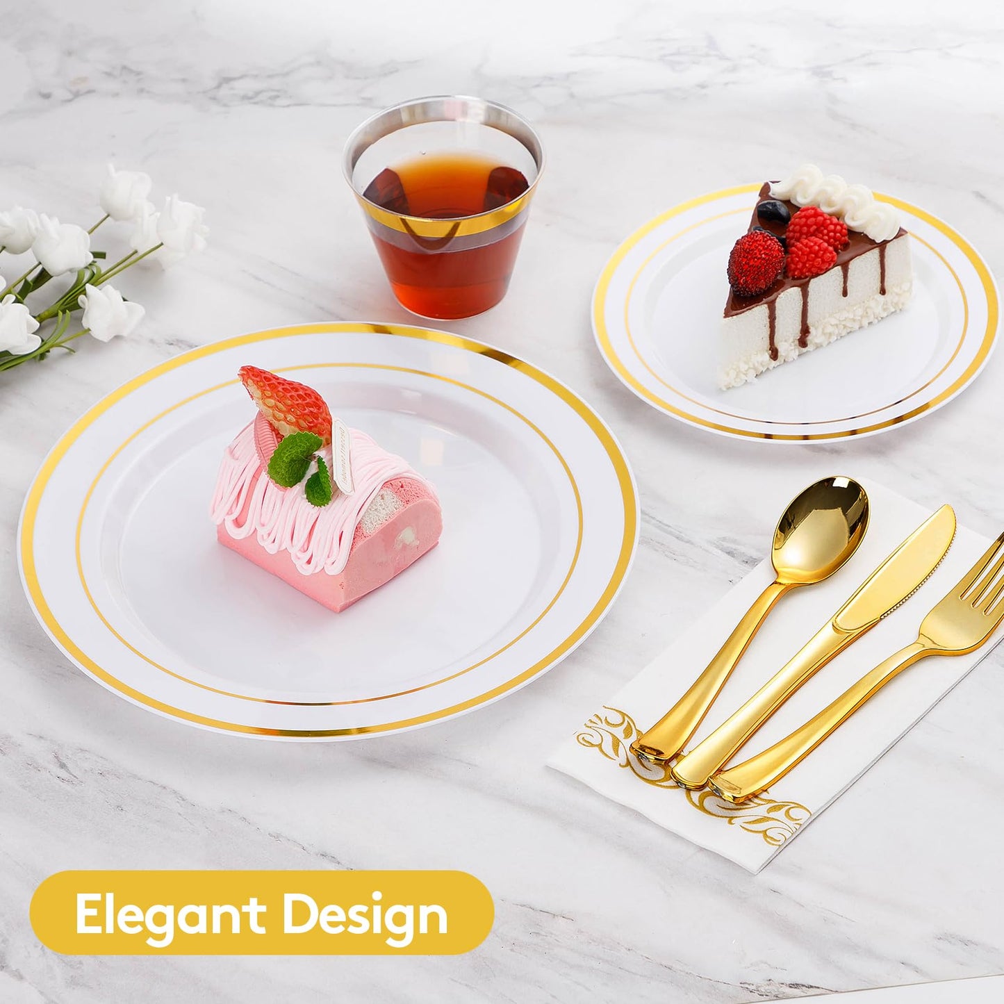 Goodluck 700 Piece Gold Dinnerware Set for 100 Guests, Disposable Plate Set
