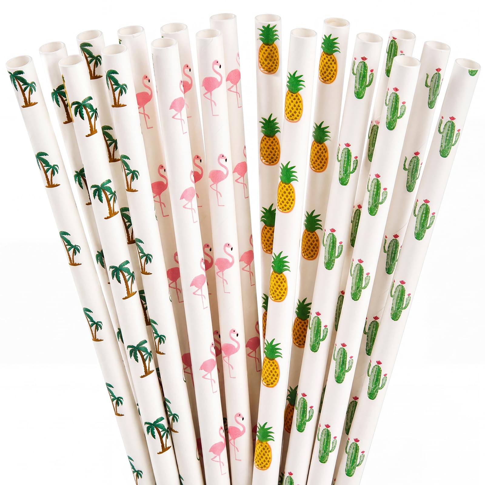 ALINK 100 Pack Tropical Paper Straws - 7.75" Biodegradable Hawaii Party Straws with Flamingo