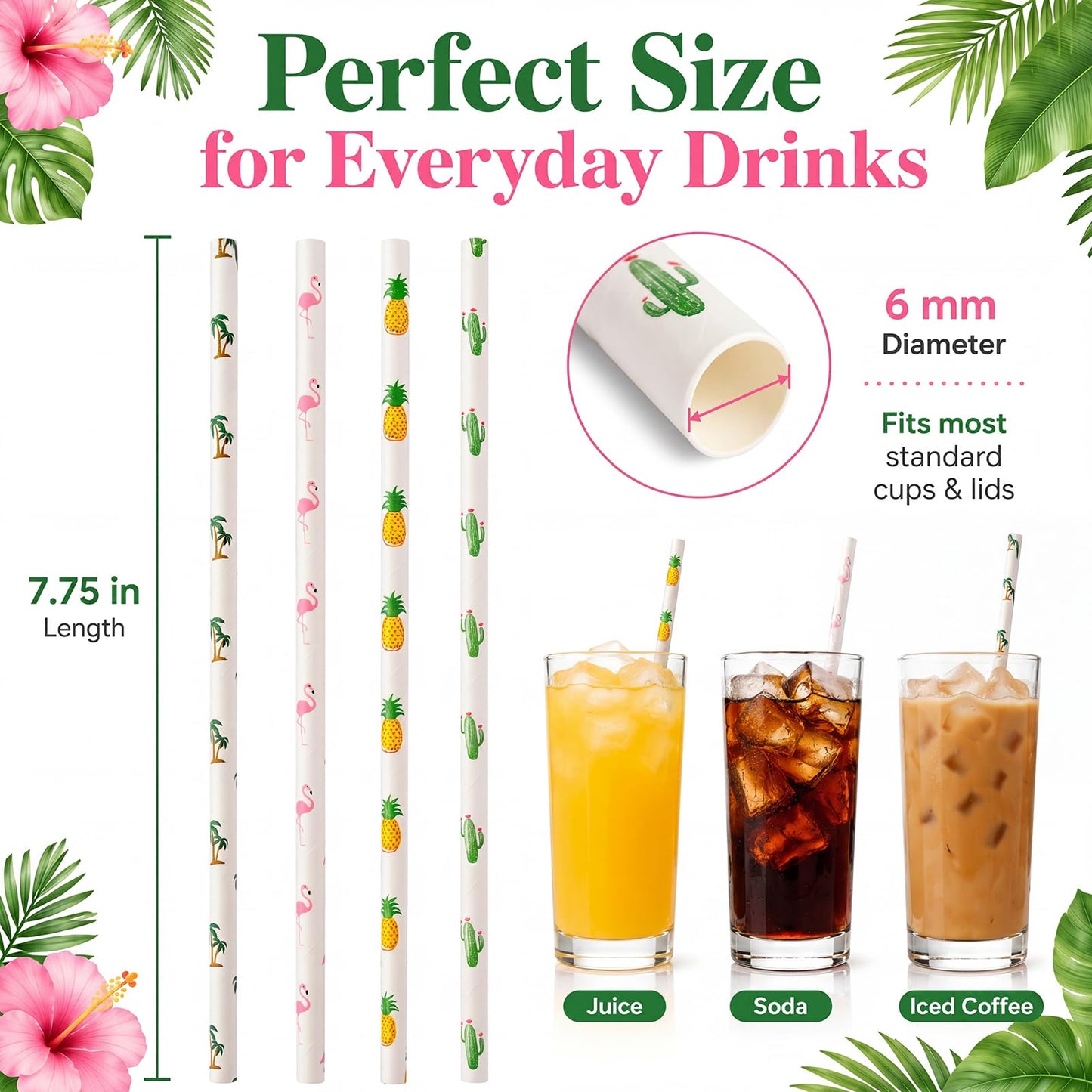 ALINK 100 Pack Tropical Paper Straws - 7.75" Biodegradable Hawaii Party Straws with Flamingo