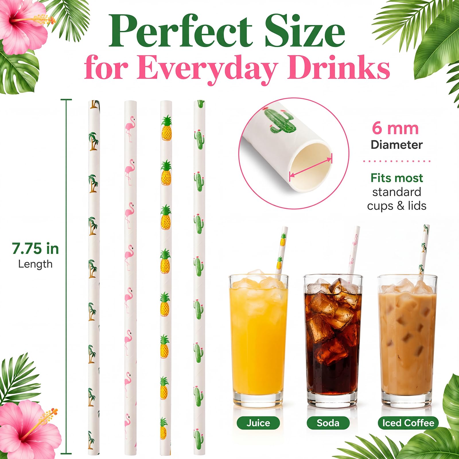 ALINK 100 Pack Tropical Paper Straws - 7.75" Biodegradable Hawaii Party Straws with Flamingo