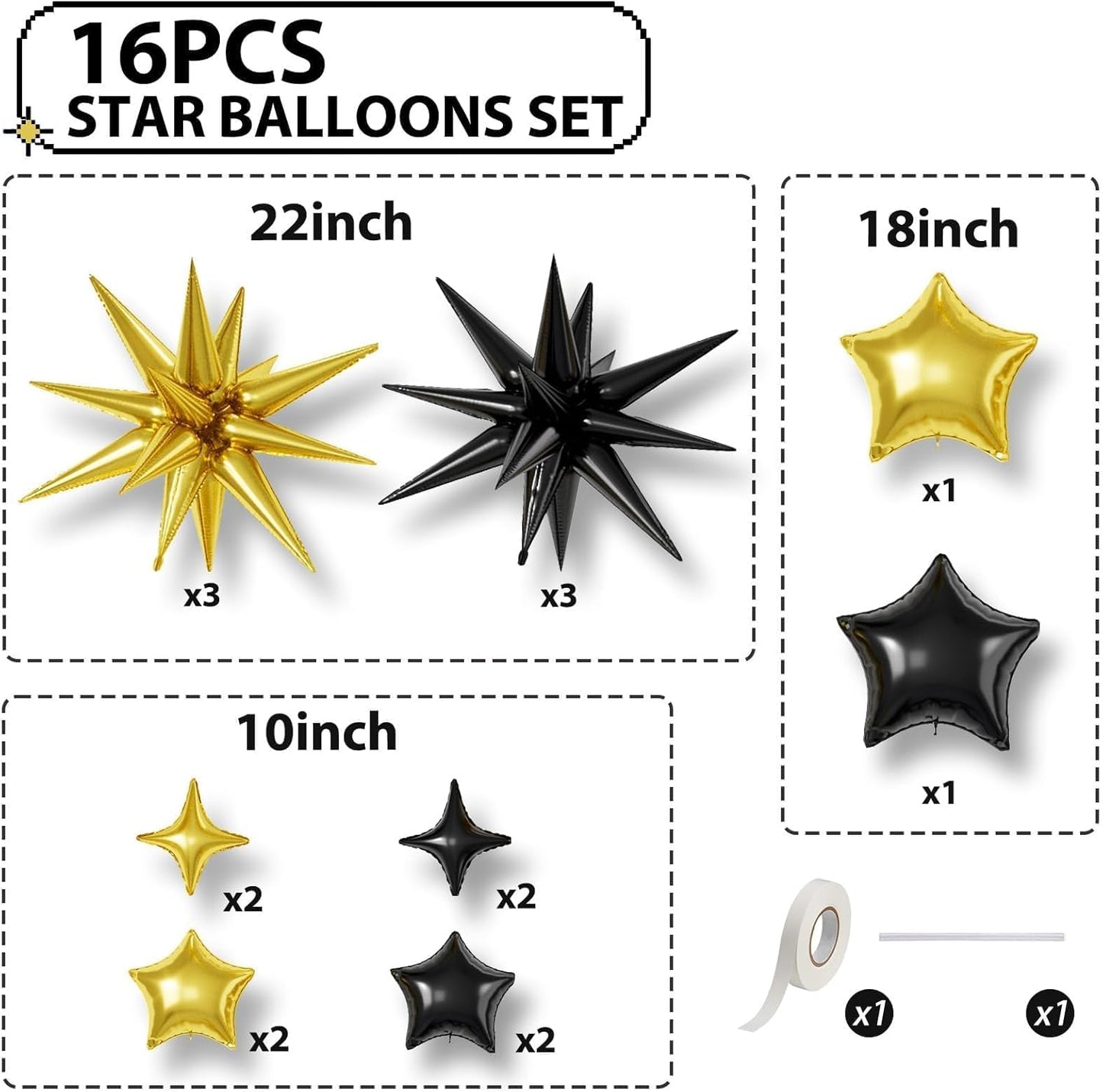 16 Pcs Black Gold Star Balloons, 22/18/10 Inch Foil Balloons, Four-Pointed Balloon for Kids Birthday Anniversary New Year Wedding Baby Shower Party Decorations