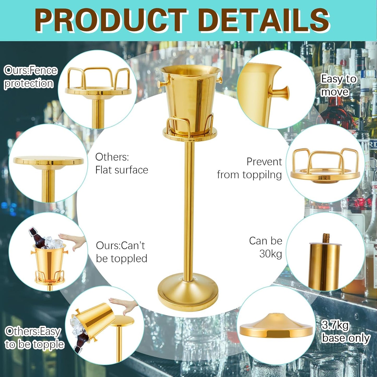 Lallisa 2 Pieces Wine Ice Bucket with Stand Stainless Steel Standing Champagne Ice Bucket Cube Container on Stand for Beer KTV Club Bar BBQ Wedding 35.8in 5L (Gold)