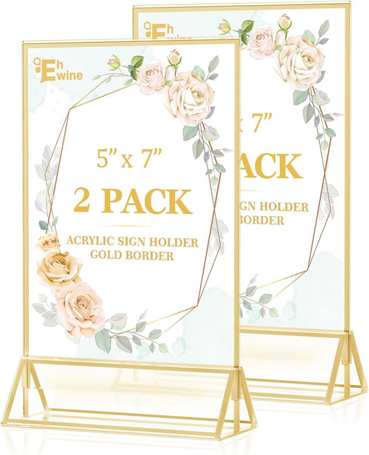 EHWINE 2 Pack Acrylic Sign Holder 5 x 7, Double Sided Gold Picture Frame Stand up Table Top Sign Holders, Clear Display Stand Menu Flyer Holder for Wedding Party