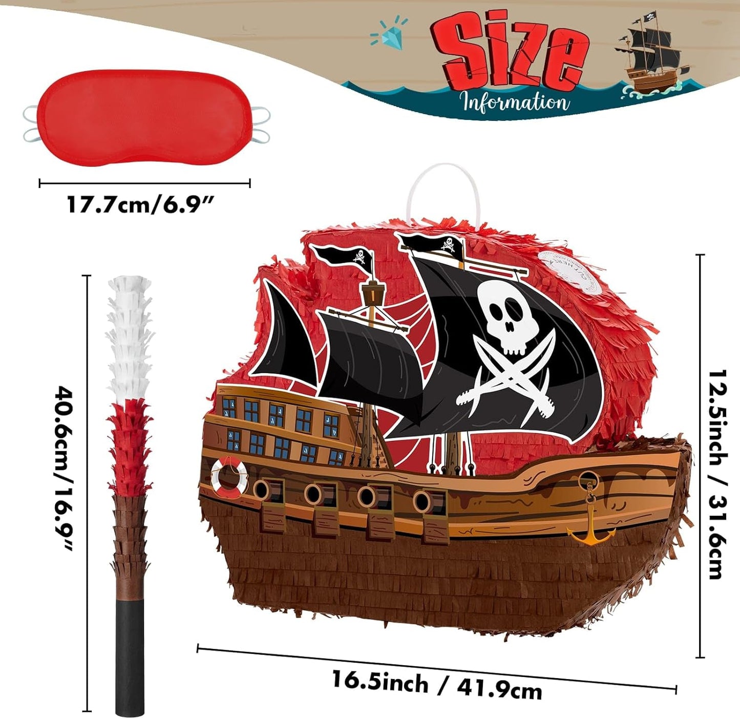 WERNNSAI Pirate Piñata - Pirate Ship Piñata with Blindfold and Bat for Boys Kids Caribbean Pirate Piñata Birthday Party Favors Decorations Family Games Pirate Party Supplies 16.4” x 12.4”