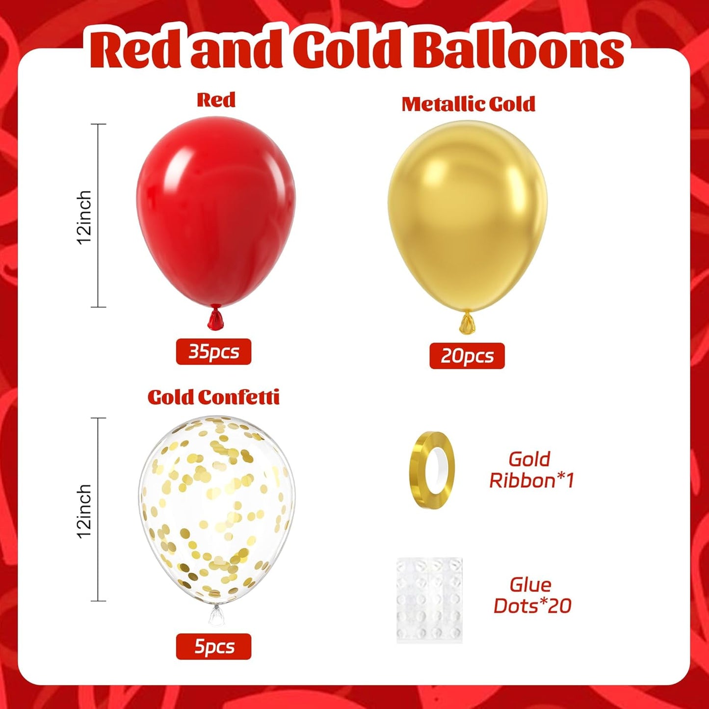 60pcs Red and Gold Balloons 12inch, Red and Gold Party Decorations with Confetti Balloons for Valentine's Day Wedding Engagements Graduation Anniversary Birthday Party Decoration