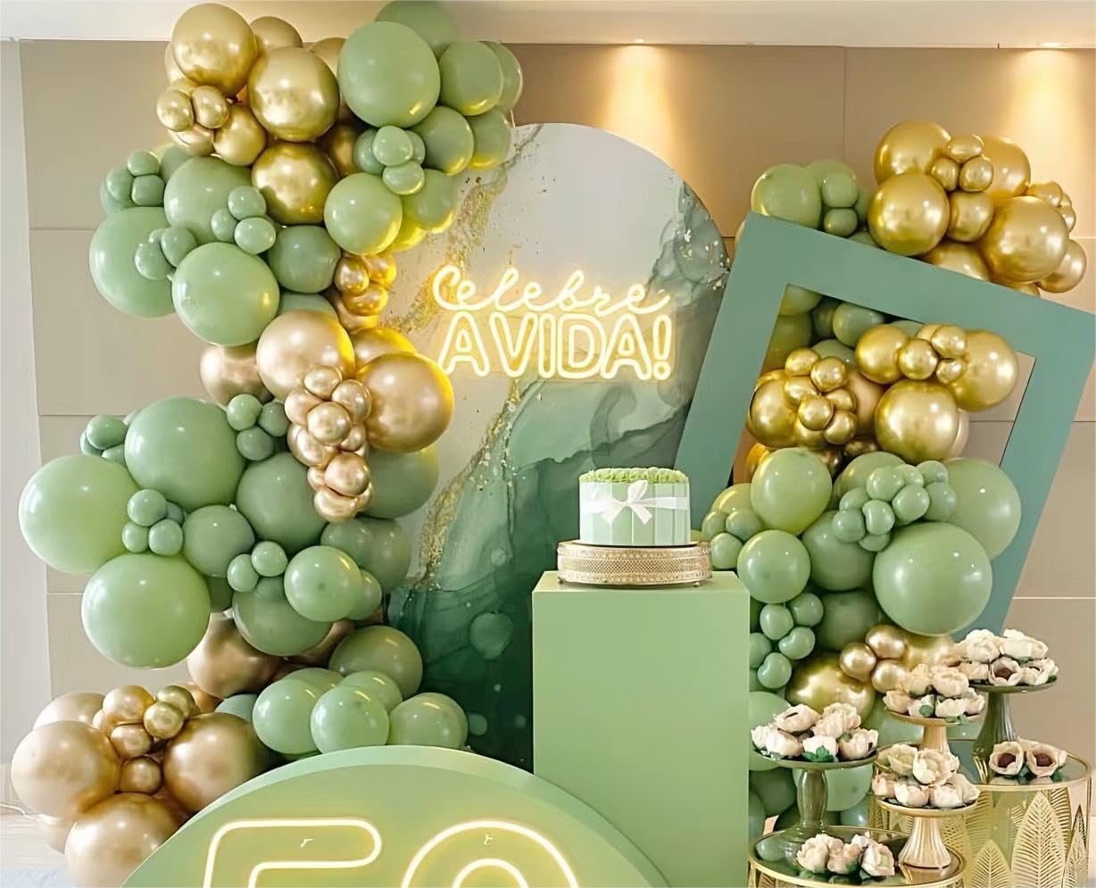 MEBAY Sage Green White Gold Balloon Garland Arch Kit, 146Pcs Latex Balloons Different Sizes 18 12