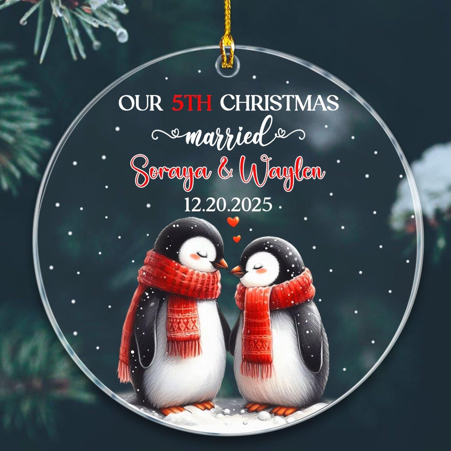 Our 5TH Christmas Married Ornament 2025, Customized Date & Name Mr & Mrs Penguin Xmas Ornament Gift for Married Couple, Personalized Mr & Mrs Penguin Marriage Ornaments for 5th Anniversary Together