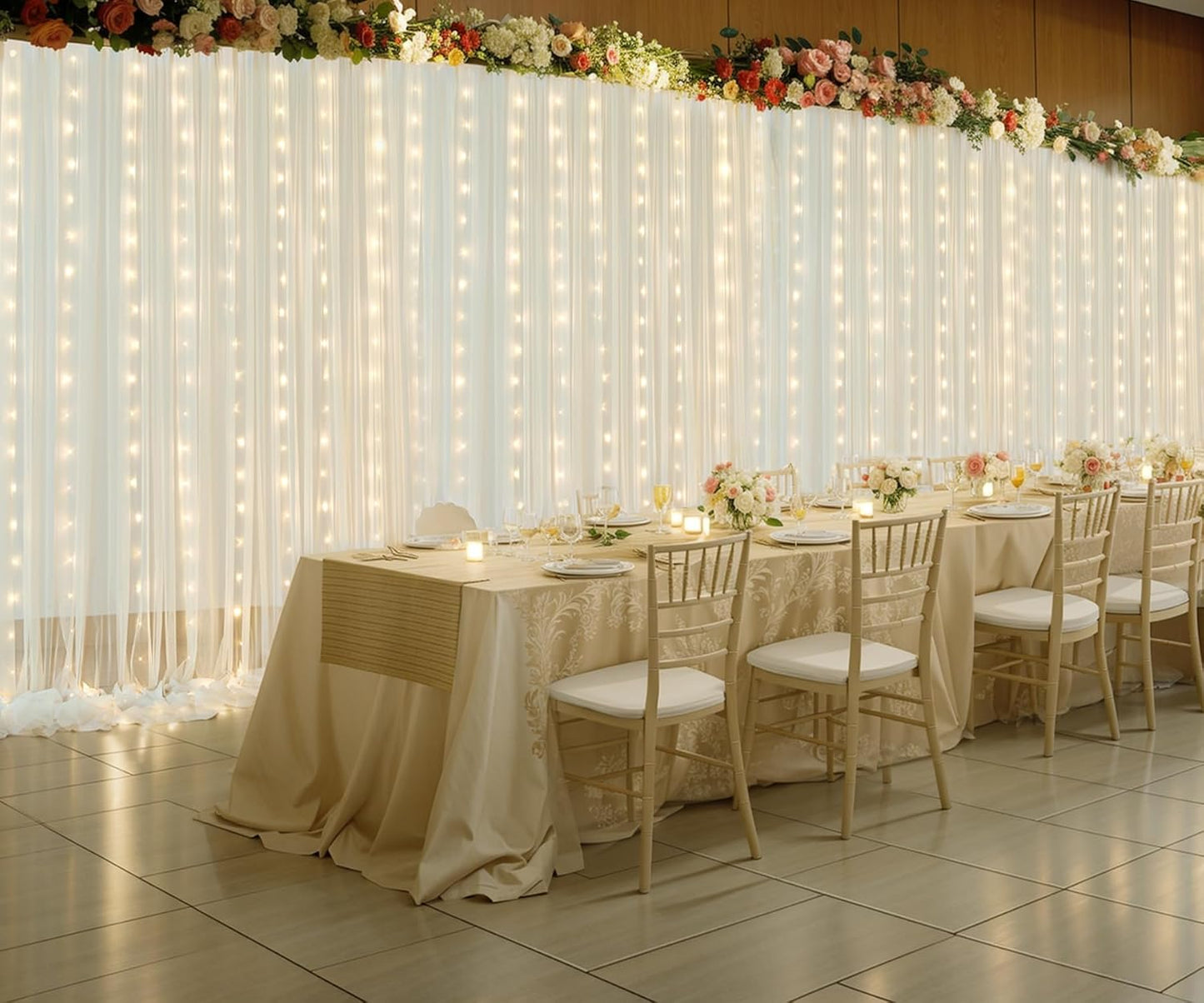 Ivory Tulle Backdrop Curtains with Lights String for Parites Wedding 20×8ft Ivory Sheer Backdrop Curtains for Baby Shower Birthday Party Photo Shoot Background Decorations(4 Panels 5ft×8ft)