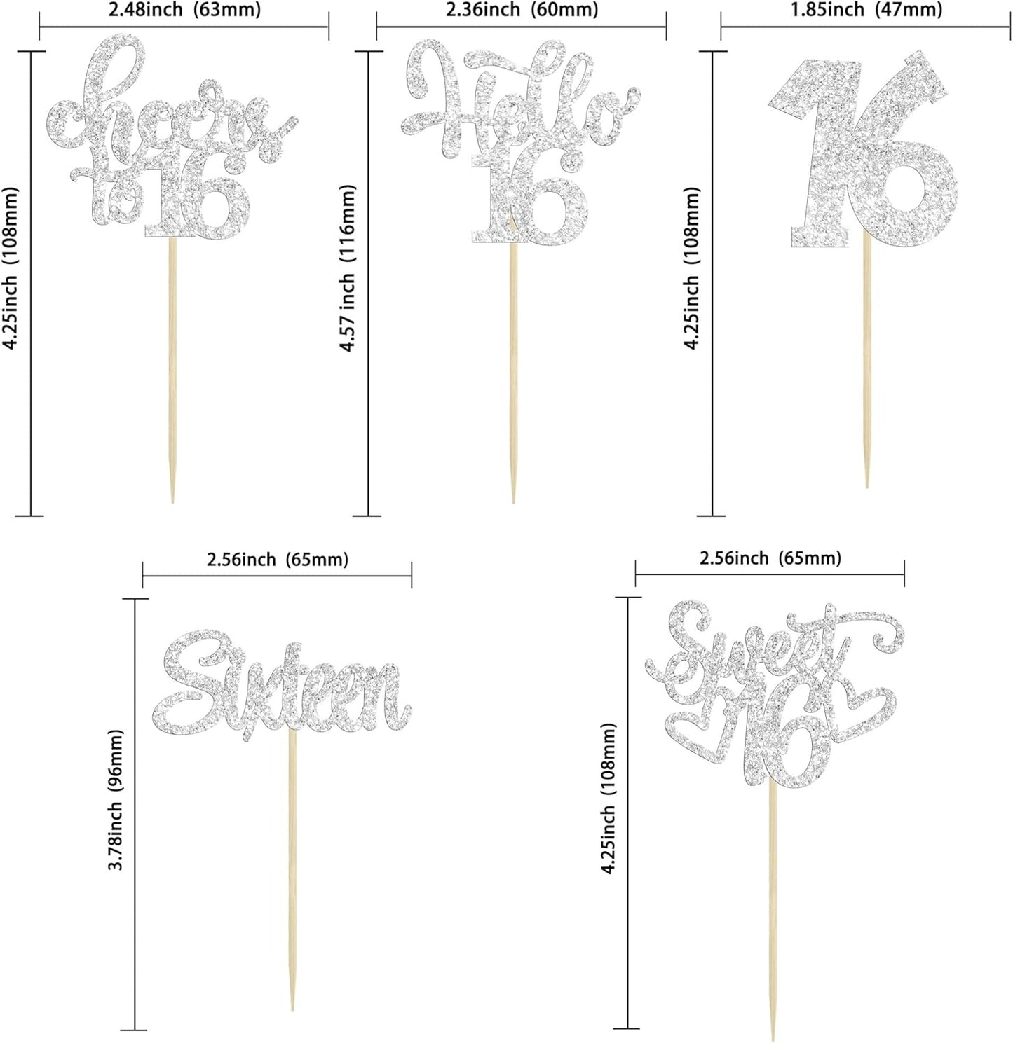 30pcs 16th Birthday Cupcake Toppers - Sixteen Happy Cupcake Picks, Cheers to Sweet 16 Cake Decorations - Silver Glitter