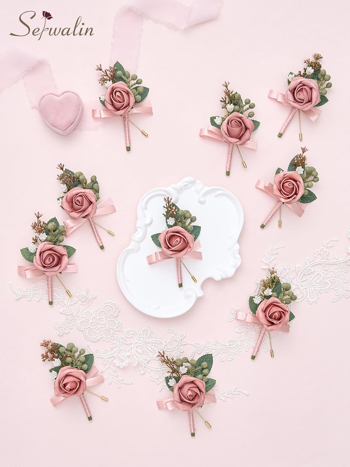 Serwalin 10Pcs Boutonniere for Men, Pink Groom and Best Man Boutonniere, Artificial Flowers for Wedding Decor, Prom, Homecoming, Ceremony Anniversary, Formal Dinner Party
