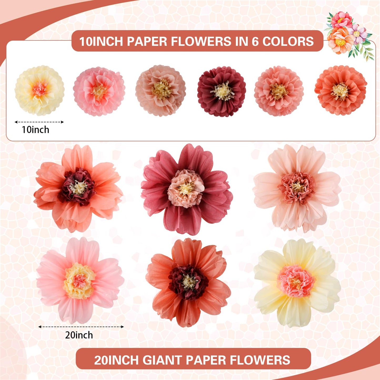 Crowye 12 Pcs Large Tissue Paper Flower Decor,20'' 31.5'',Vintage Color