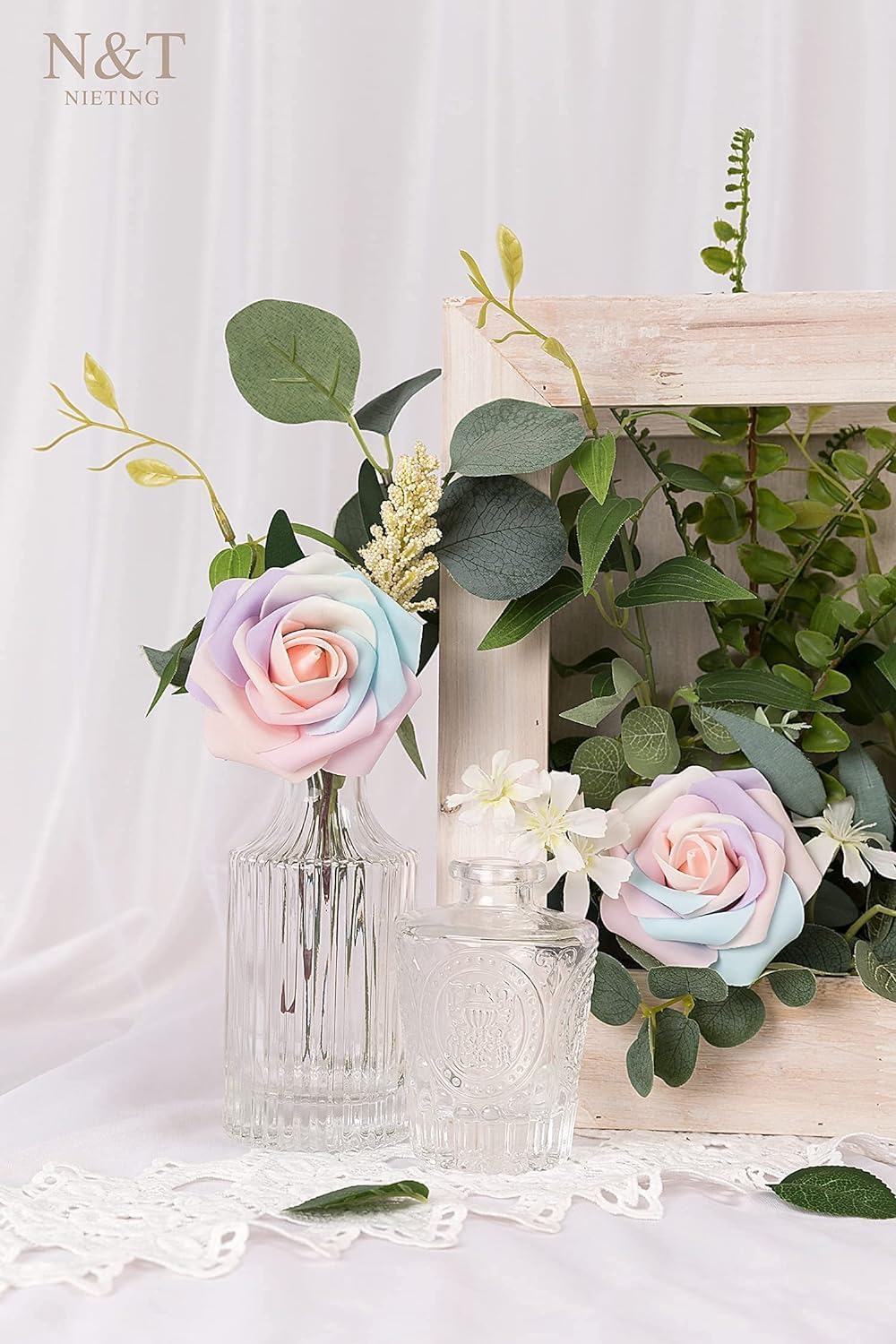 N&T NIETING Artificial Flowers, 25Pcs Fake Flowers Roses Perfect for DIY Wedding Bouquets Centerpieces Bridal Shower Party Home Flower Arrangement Decorations, Rainbow Color