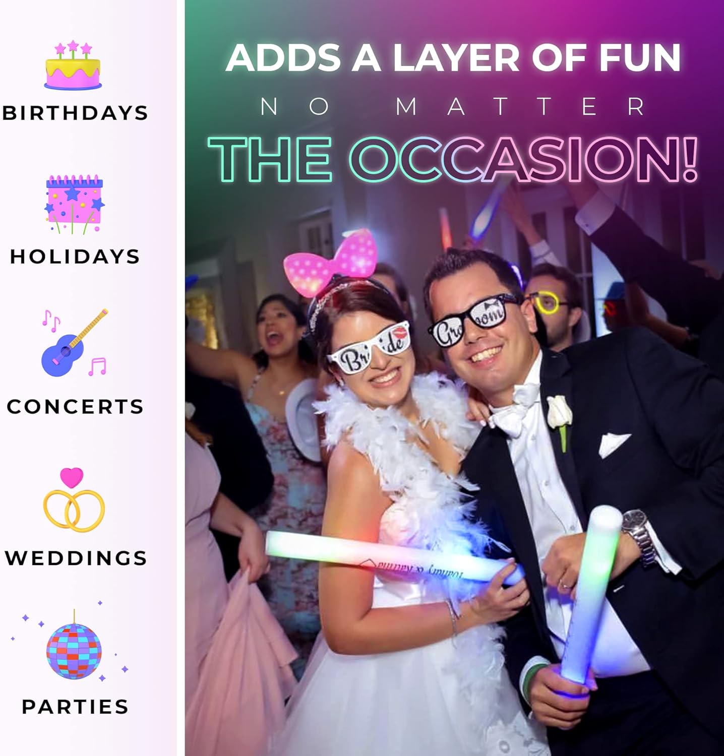 100 Pink Foam Glow Sticks - 16" LED Foam Sticks for Wedding, Parties & Dancing