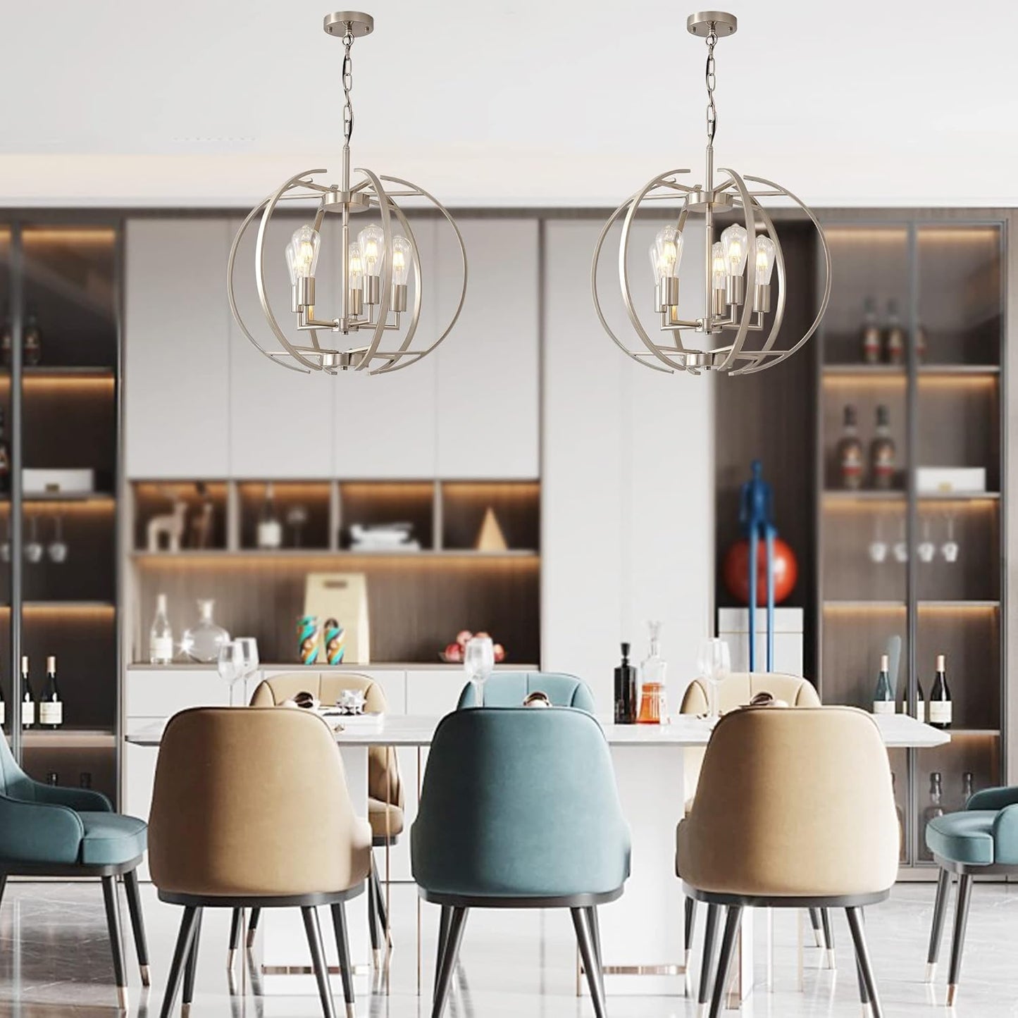 Large Lantern Globe Brushed Nickel Chandelier Lighting, Adjustable Hanging Ceiling Pendant 5 Light for Kitchen, Dining Room, Living Room, Hallway, Bedroom