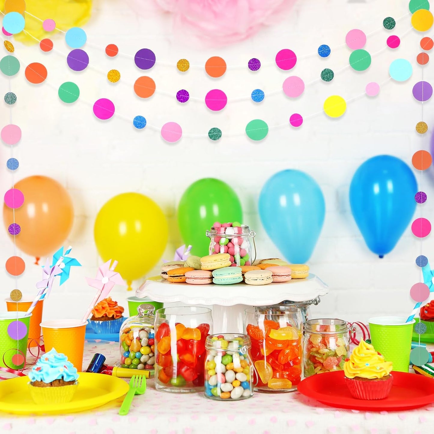 Outus 10 Pieces Colorful Dots Paper Garland Round Glitter Garland Hanging Confetti Streamers Backdrop for Candy Birthday Classroom Halloween Trunk or Treat Car Decoration (Rainbow)