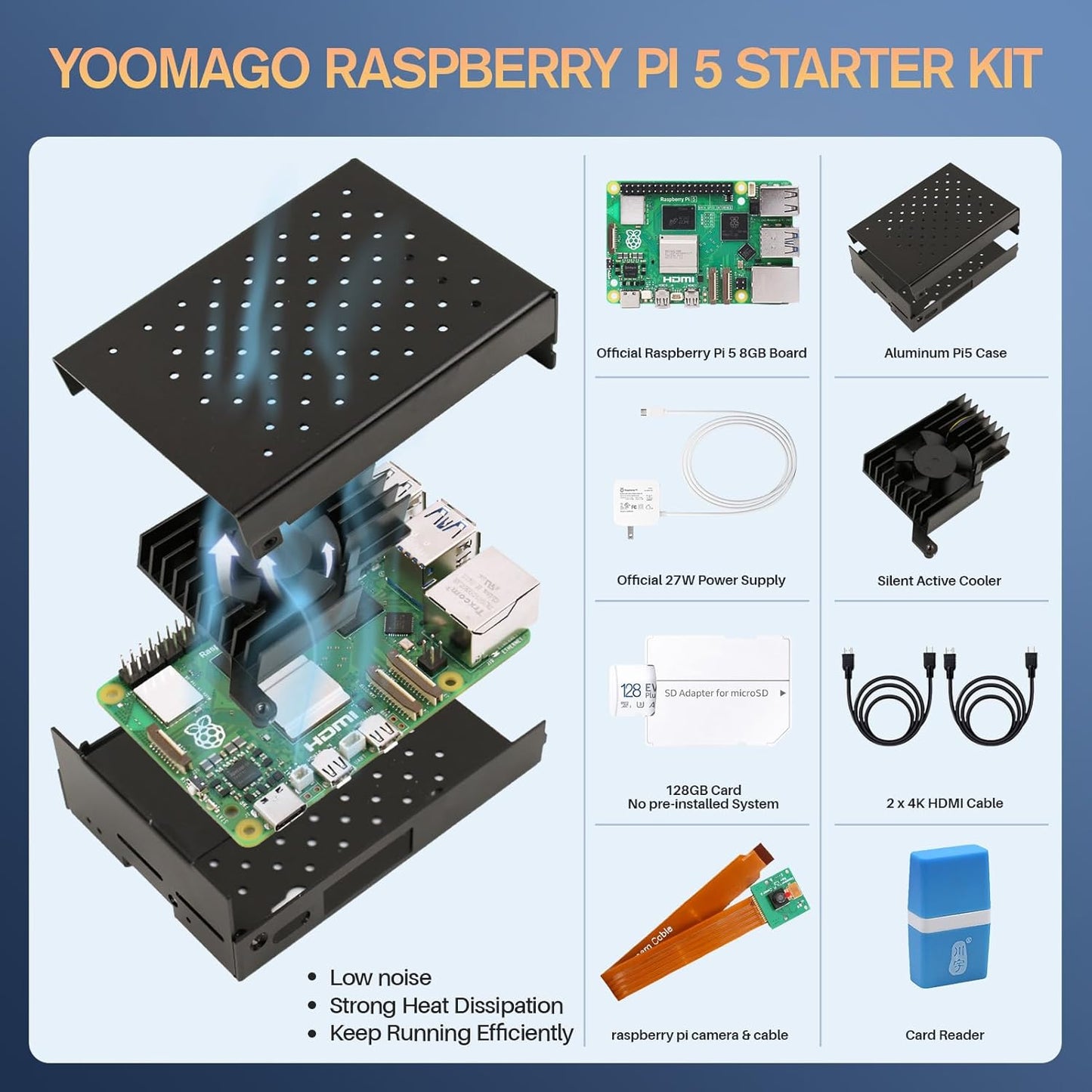 Raspberry Pi 5 Starter Kit with Pi 5 8GB RAM Board, 27W USB-C Power Supply, 128GB Card, Aluminum Case