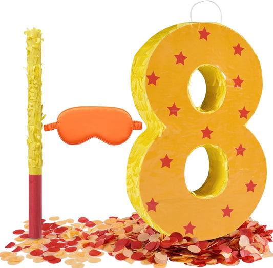 Orange and Red Star Number 8 Pinata, 16 Inch Piñata for 8th Birthday Party Decorations with Stick, Blindfold and Confetti (15.7 inch Number 8 Pinata)