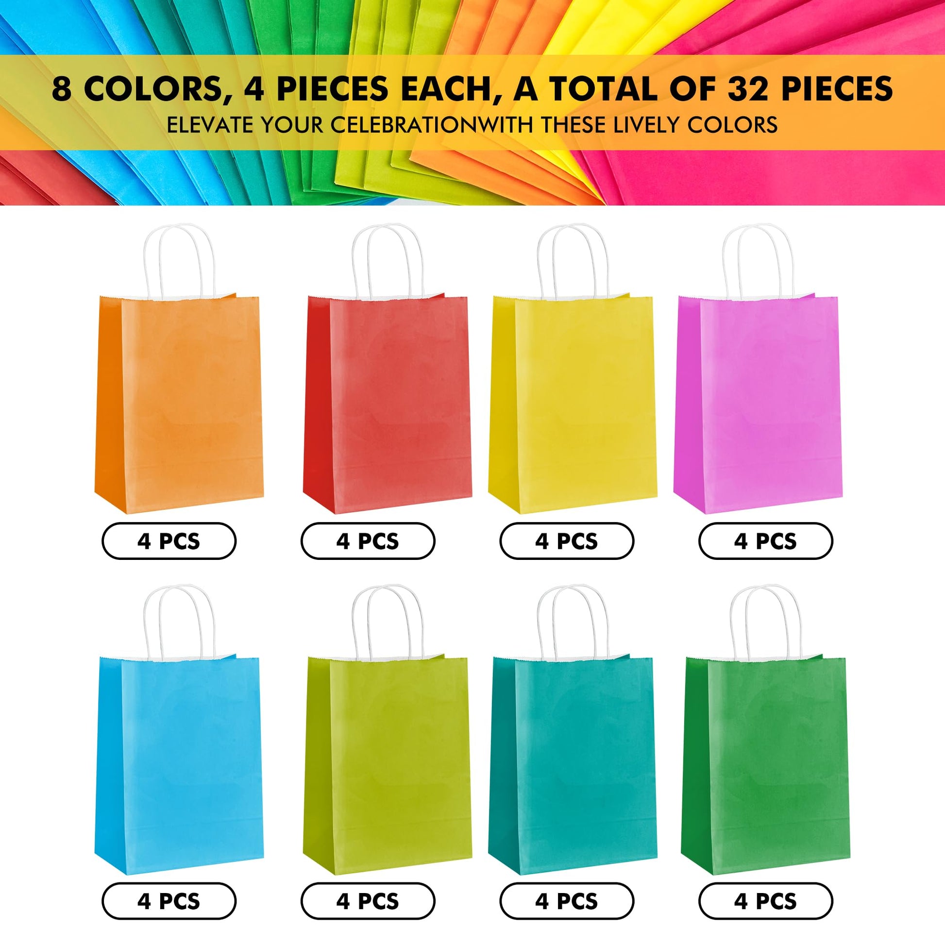 RACETOP Small Kraft Paper Bags 32 Pack 5.8x3.2x8.25 in 8 Colors