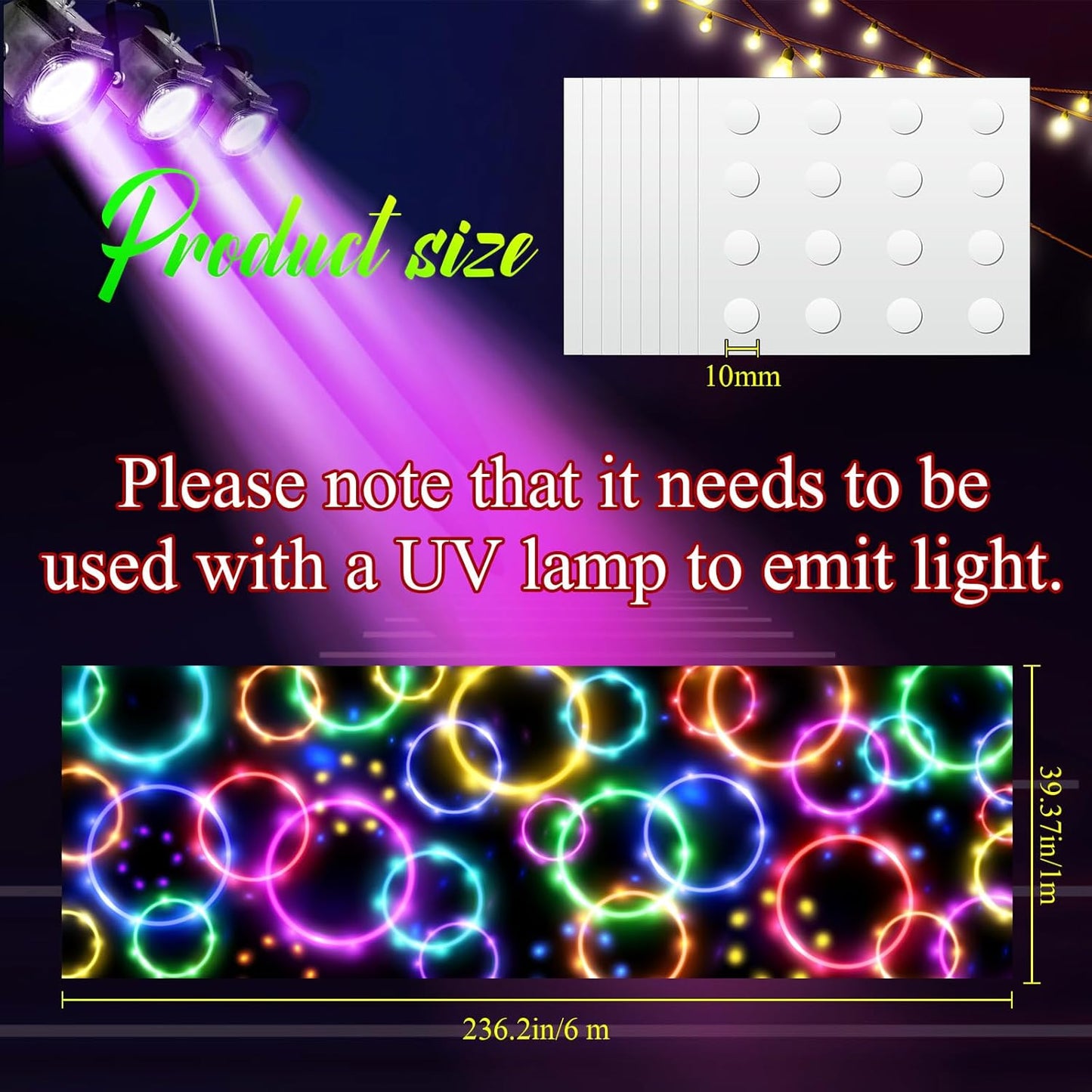 Haull 236 x 39 Inch Neon Light up Dance Floor Glow in The Dark Floor Runner Neon Party Decorations UV Blacklight Reactive Fluorescent Wall Props for Glow Disco Party Favors(Dream Bubble)