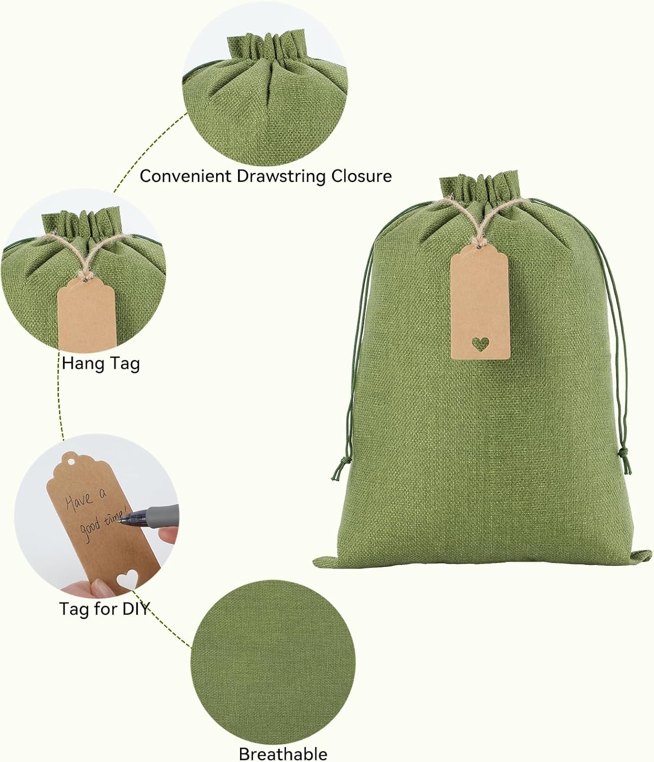 Tapleap Burlap Bags with Drawstring - 10Pcs 10x14 Green Gift Sacks for Wrapping Halloween Favors, Clothes, Toiletries, Breads, Root Ball, For Birthday, Wedding, Party or Household Use