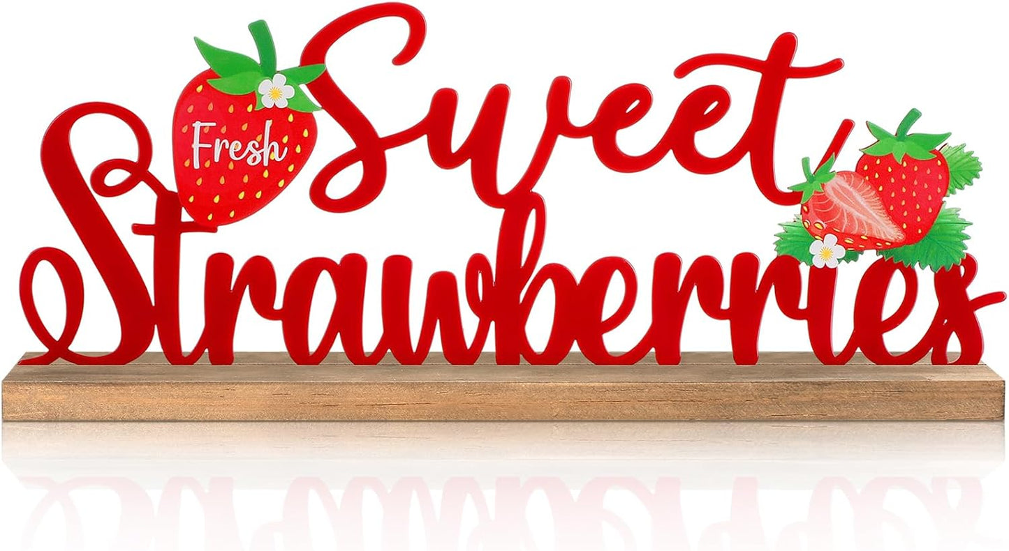 Fresh Sweet Strawberries Metal Sign Rustic Table Decor Summer Tiered Tray Decor with Wooden Base Freestanding Metal Word Sign for Home Tabletop Centerpiece Mantel Shelf Fireplace